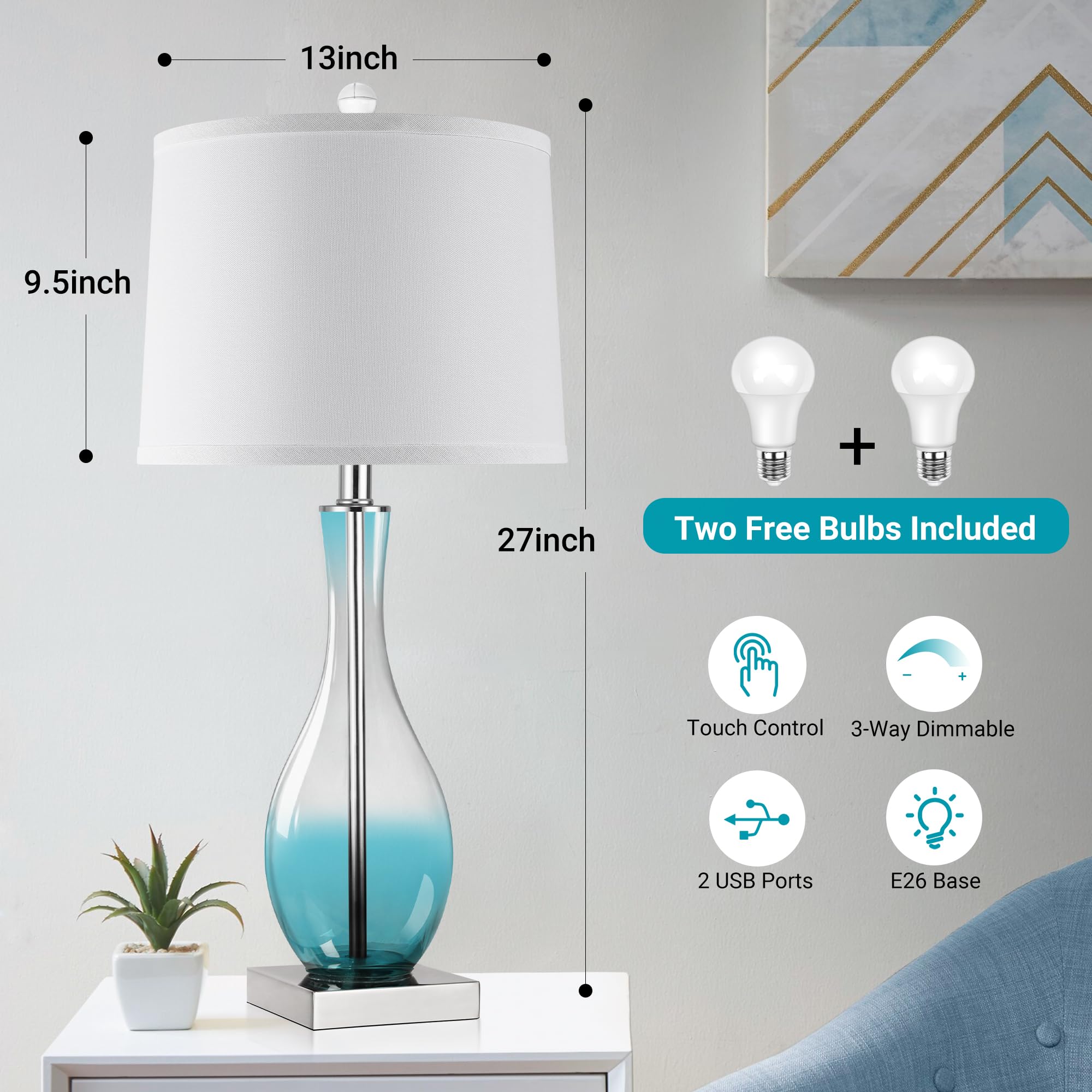 Table Lamps Set of 2 with Touch Control, 3-Way Dimmable Modern Glass table lamp for Living Room with USB C and A Charging Ports， 27" Bedside Desk Lamps for Nightstand Decorations(LED Bulbs Included)