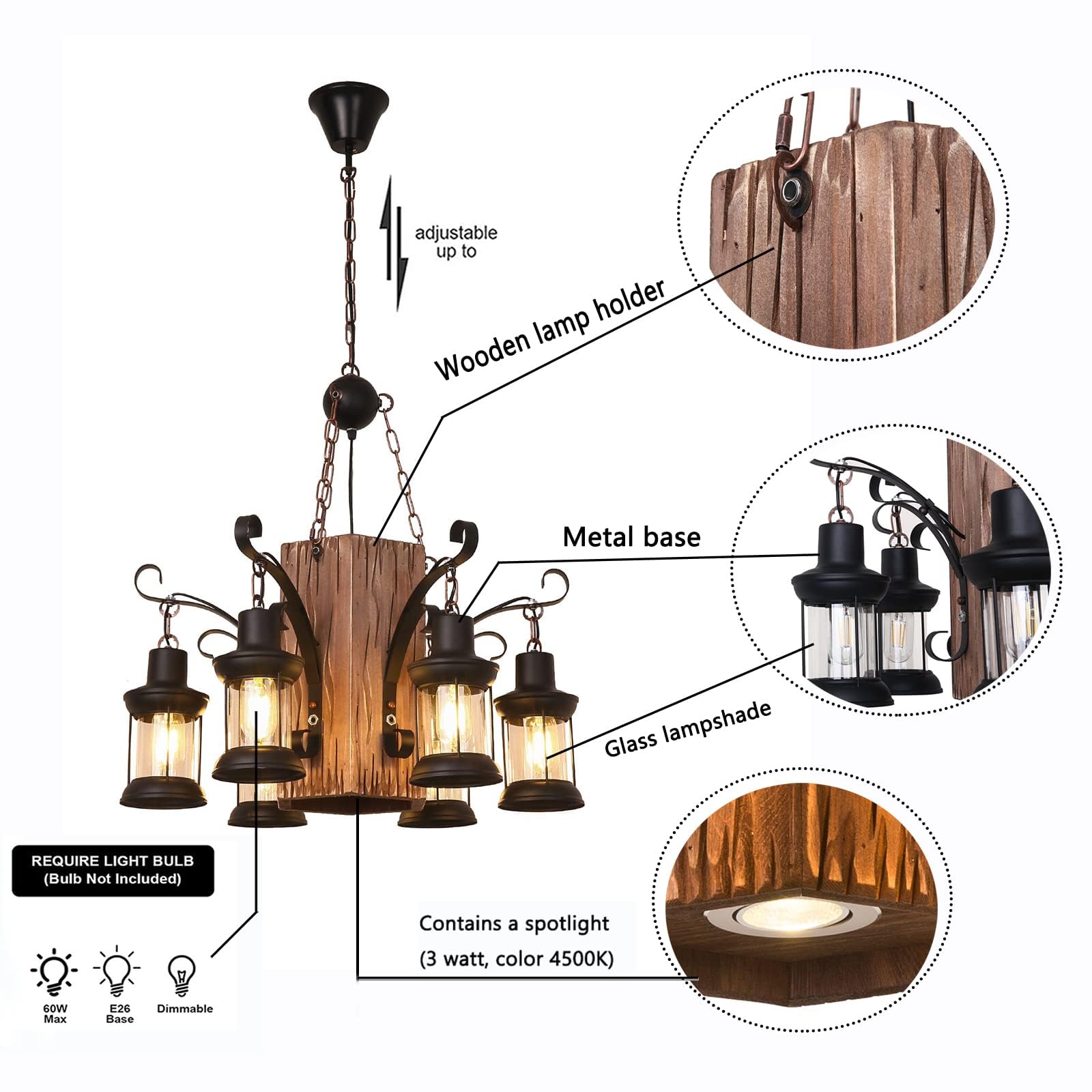 Distressed Wooden Chandelier Retro Rustic Pendant Light - Industrial Suspension Ceiling Light line Can be Adjusted ly for Dining Table Vintage Kitchen, Bar, Island (6 lamp)