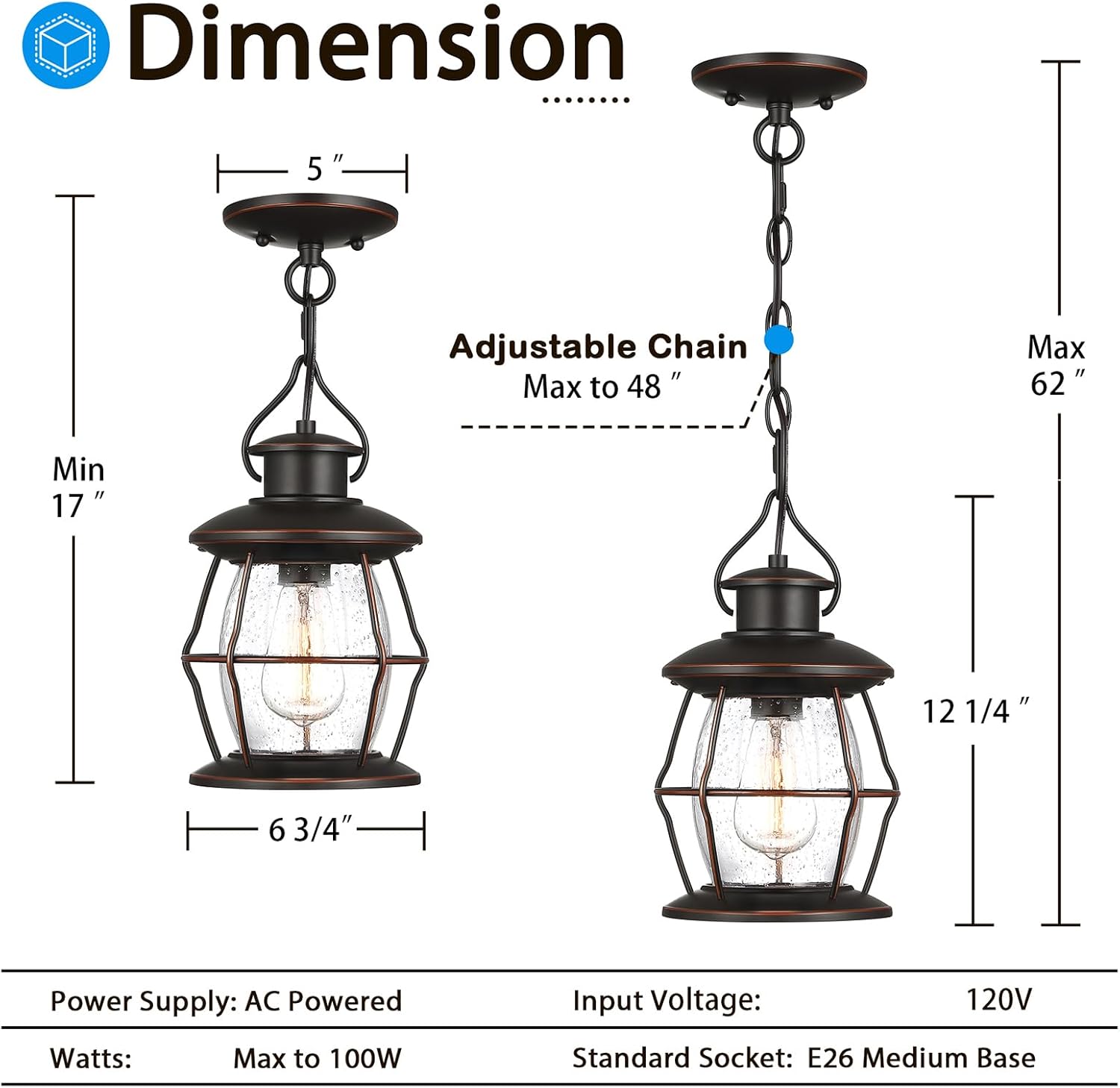 Outdoor Pendant Light, Farmhouse Exterior Hanging Light Fixture with Adjustable Chain,Oil Rubbed Bronze Porch Light with Bubble Glass for Front Door Ceiling Entry Patio