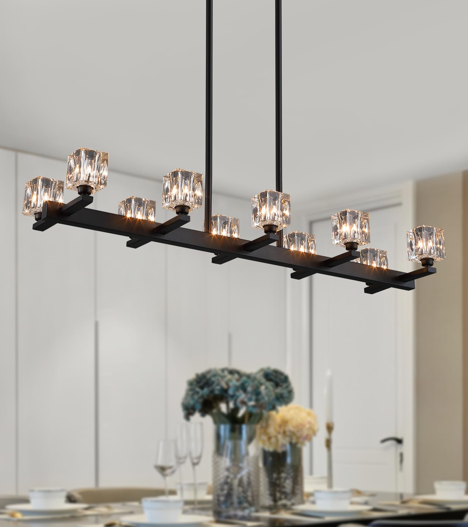 Black Modern Crystal Chandeliers for Dining Room, Geometric 10 Lights Industrial Linear Chandelier Light Fixtures for Kitchen Island Living Room Bar Office Cafe Restaurant