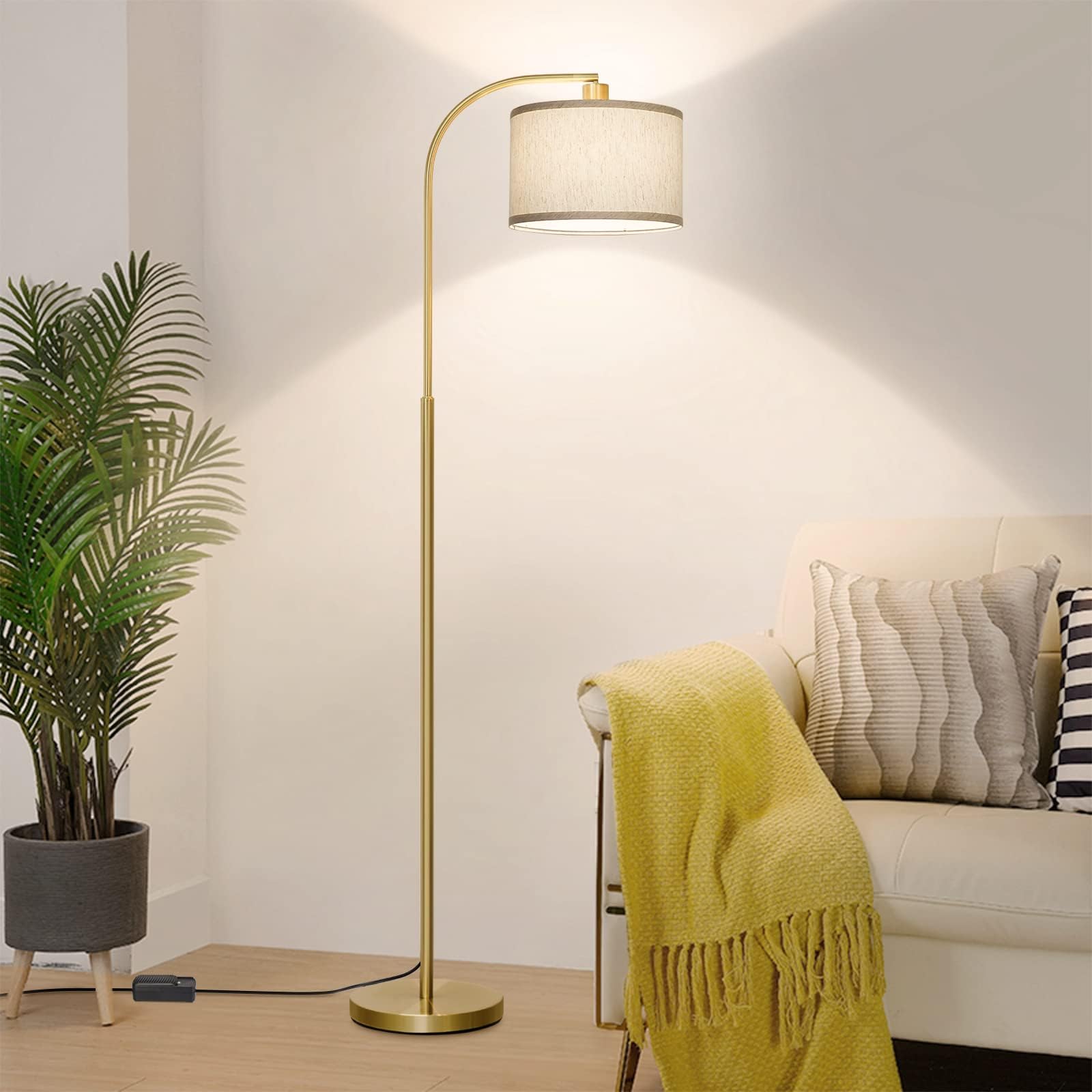 LED Floor Lamp Fully Dimmable Modern Standing Lamp Arc Floor Lamp with Adjustable Drum Shade, Gold Tall Pole Reading Lamp Corner Light for Living Room Bedroom Study Room, Bulb Included