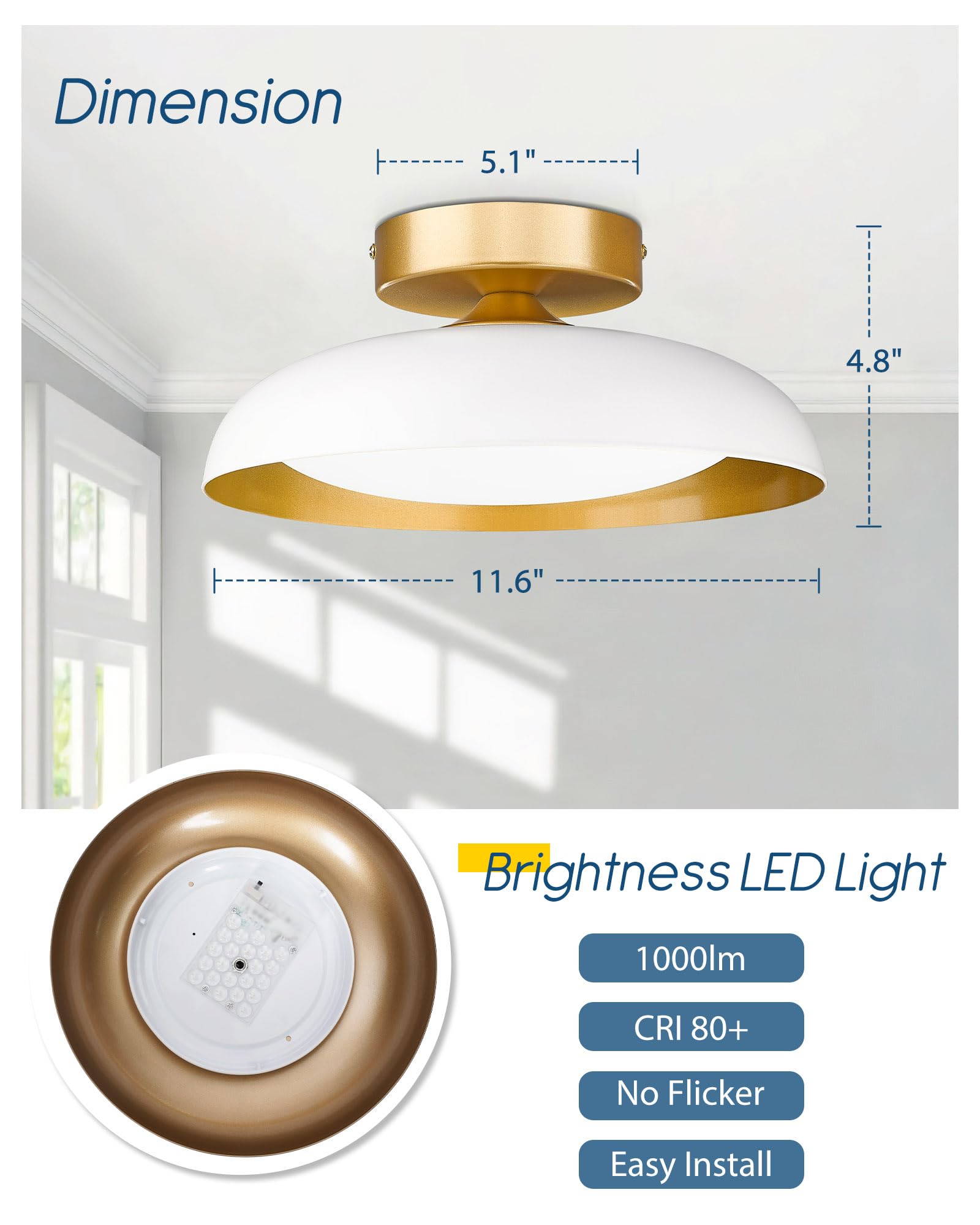 Gold Ceiling Light, 12 Inch LED Semi Flush Mount Ceiling Light Fixture, 12W/700Lm Ceiling Lights for Kitchen, Bathroom, Hallway, 3000K/4000K/6000K Adjustable, KDCL01-GD