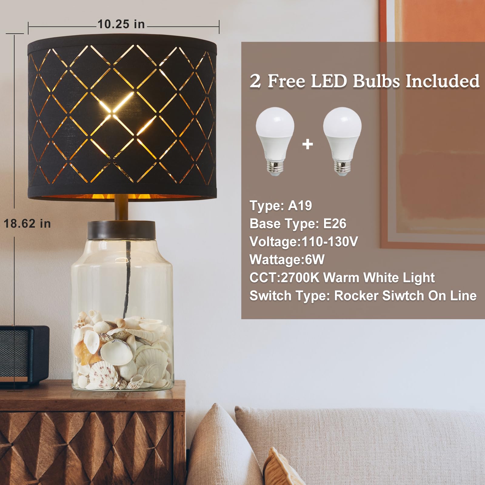 Fillable Table Lamp, Table Lamp with Clear Glass Fillable Modern Table Lamp with Black Square lampshade Beside Lamp for Living Room Bedrooms Office Bulbs Included(Black Square)