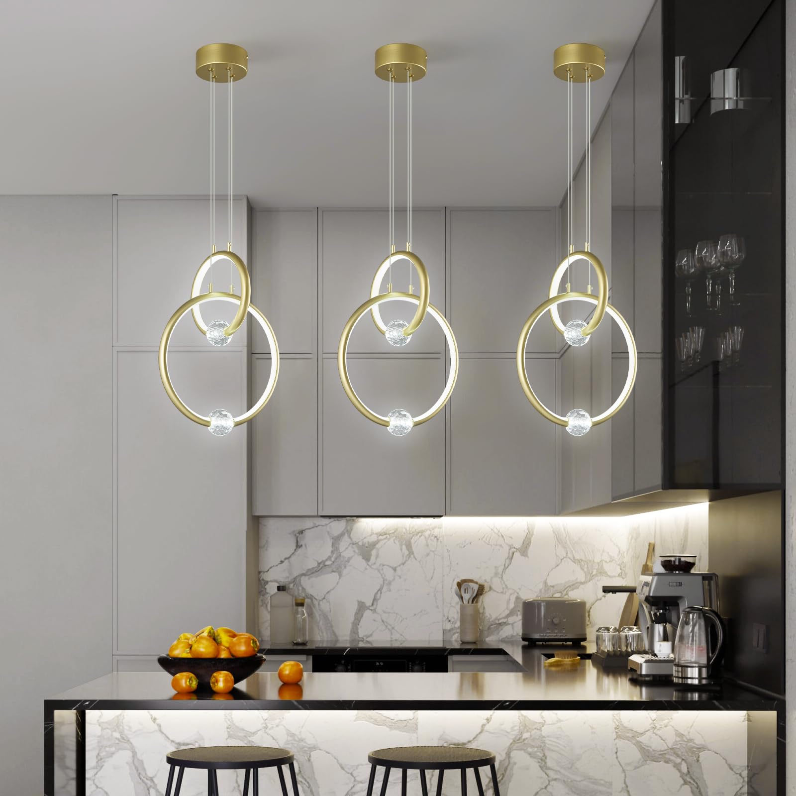 Modern LED Pendant Light Fixtures,2-Ring Dimmable Chandelier 6000K,Adjustable Height Ceiling Hanging Light Gold Pendant Lights for Kitchen Island Dining Room Bedroom(15.8in*11.8in)