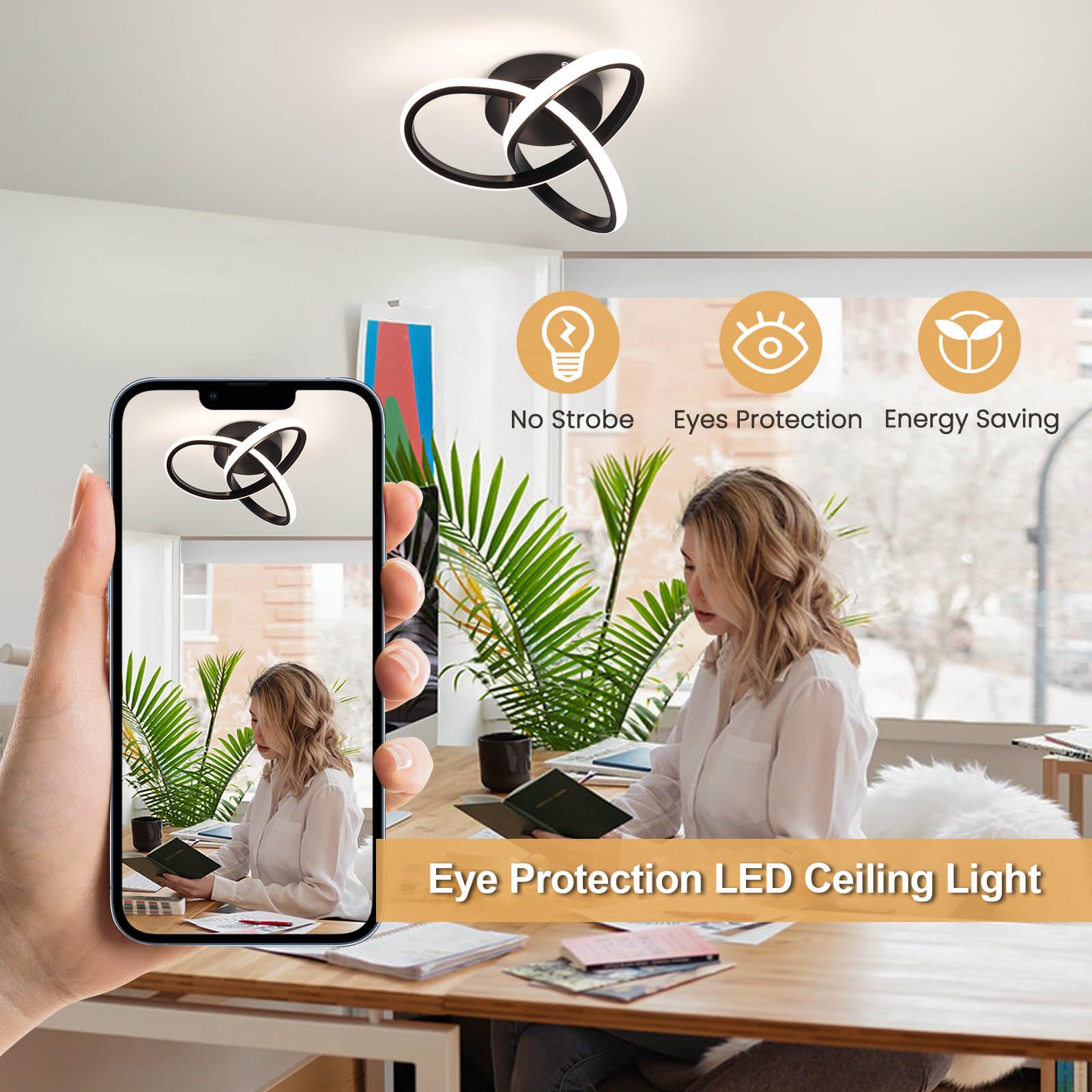 Modern Led Ceiling Light Fixtures,4500K Daylight White Black Semi Flush Mount Hallway Ceiling Light for Bedroom Bathroom Kitchen Balcony Laundry Room Stair Ceiling Lamp Curved Design (Black, 4500K)