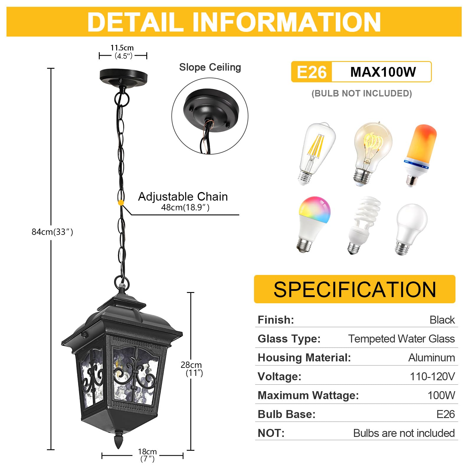 Black Outdoor Pendant Light for Porch Patio Entryway Yard Front Door Beach, Waterproof Pendant Lamp Fixture Indoor Hanging Lantern for Kitchen Dinning Room(1 Pack)