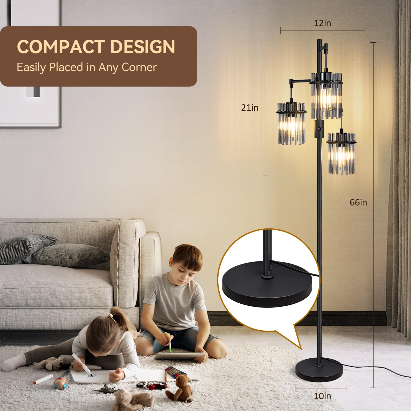 Industrial Modern Floor Lamps for Living Room, Dimmable Glass Tree Standing Tall Lamps with 3 Elegant Teardrop Cage Head & 800 Lumens LED Bulbs for Bedroom Office (66inch Tall)