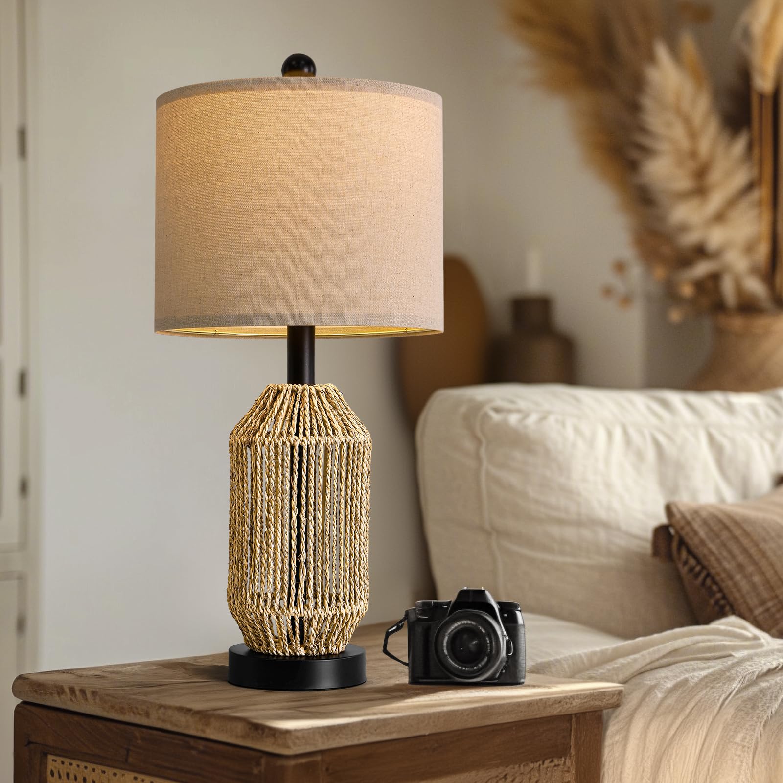 OYEARS 21" Boho Table Lamp for Living Room, Bedside Lamp for Nightstands, Rattan Lamp for Bedroom, Farmhouse Table Lamp for Room Decor, End Table, Retro, Brown, 1 Pack