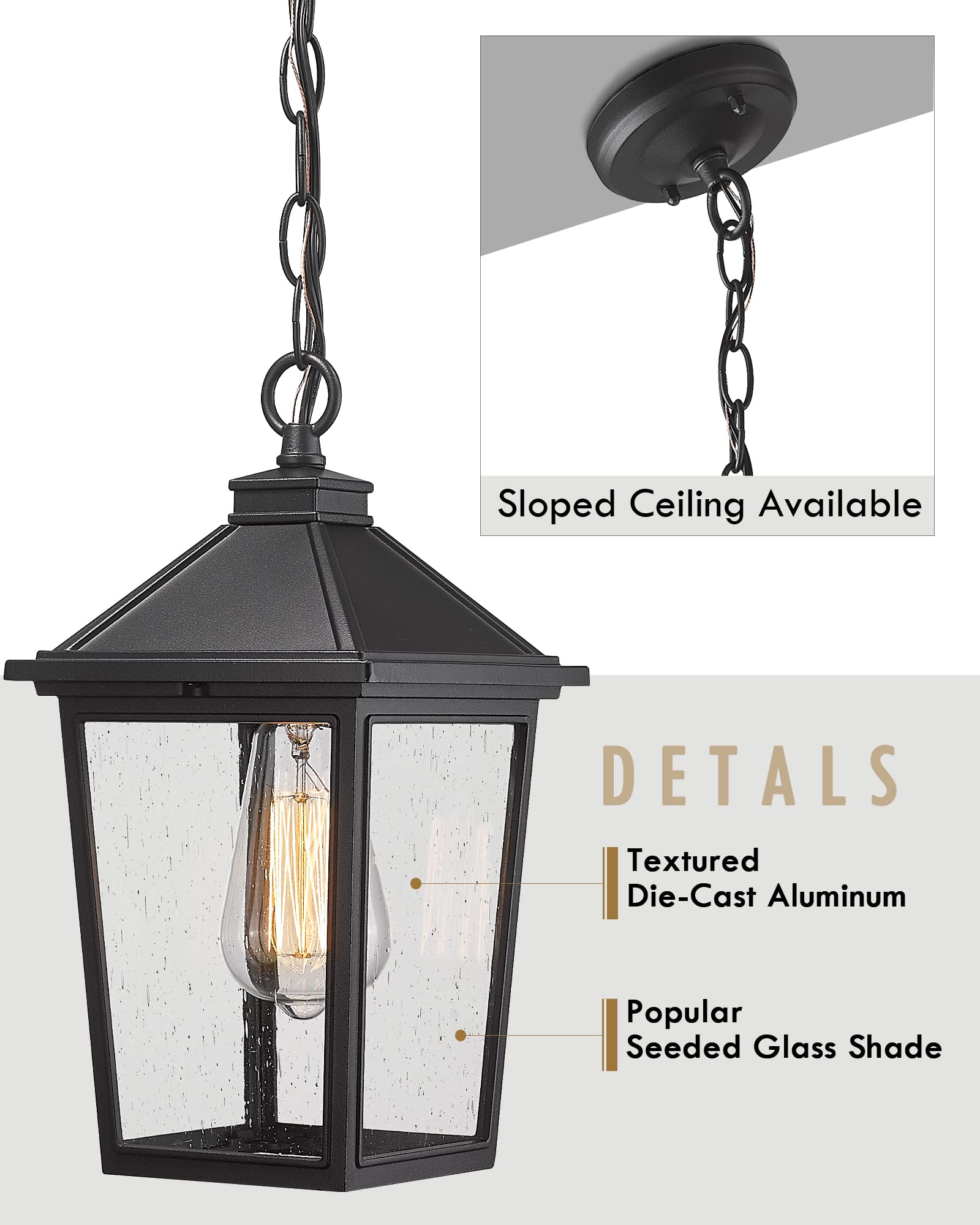 Outdoor Pendant Lights, HWH Farmhouse Exterior Hanging Porch Light, Outside Hanging Lantern with Height Adjustable Chain, Matte Black Finish with Seeded Glass, 5HX64H BK