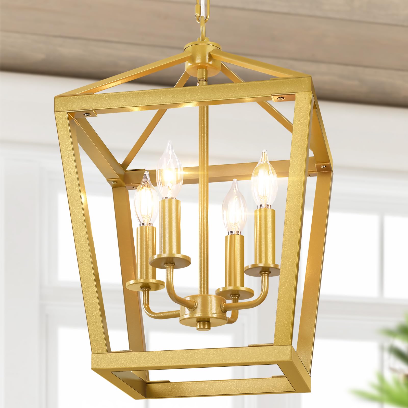 Gold Chandelier 4-Light, Farmhouse Pendant Light Fixture Adjustable Height, Modern Dining Room Light Fixture, Lantern Ceiling Hanging Lighting with Metal Cage for Kitchen Island Entryway Foyer