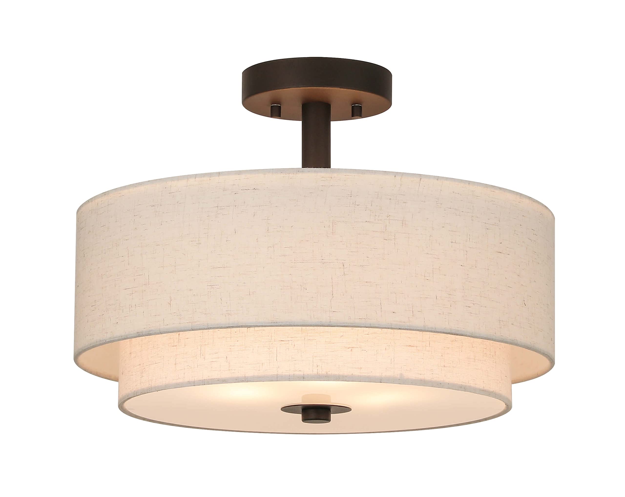 Lighting 3 Light Semi Flush Mount Light, Close to Ceiling Light Fixture with Fabric Shade Retro Gold Brass 16 inch Semi Flush Drum Light for Bedroom & Living Room XB-SF1289-GB