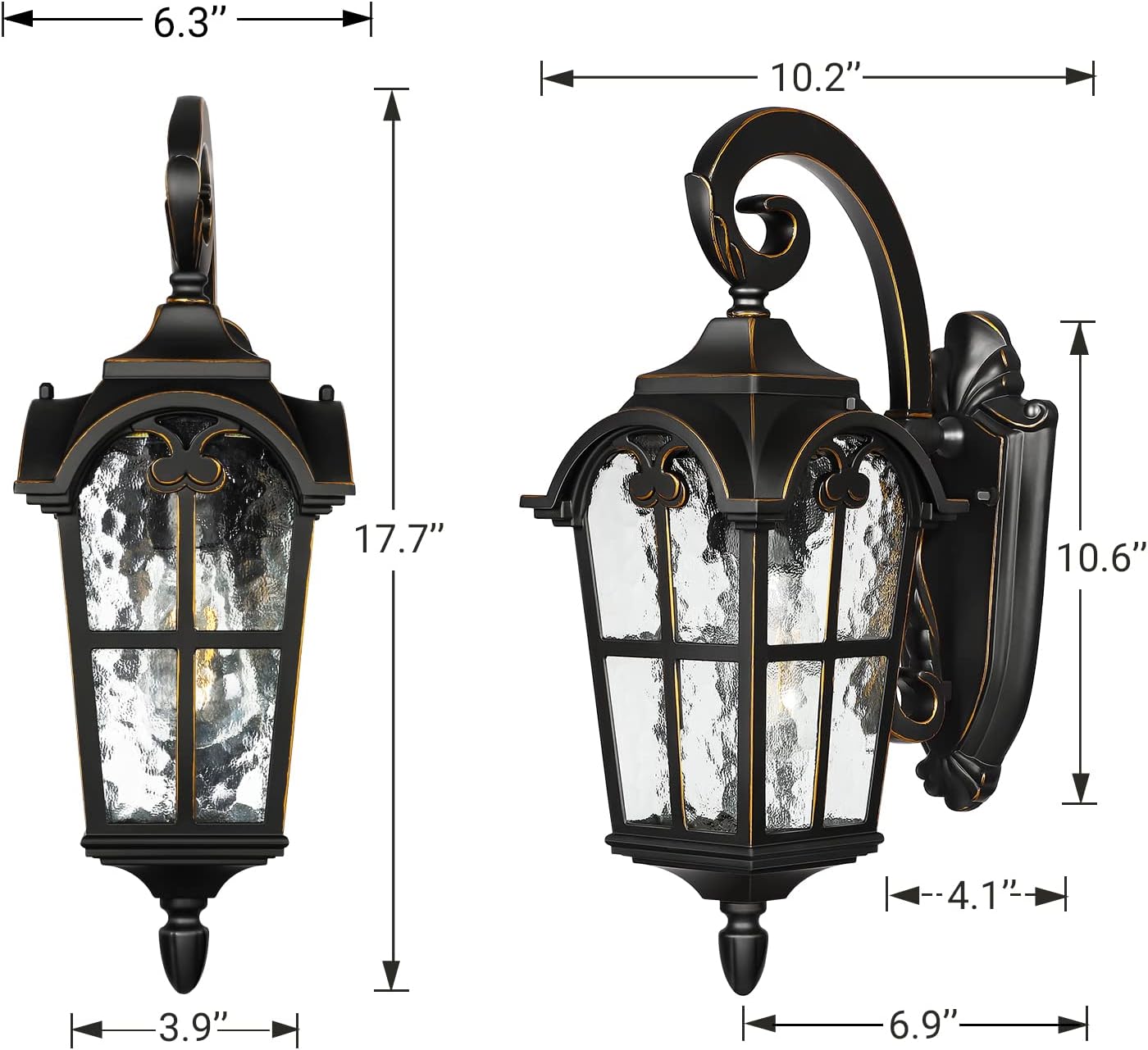 Outdoor Wall Light Fixtures Wall Mount, Black Roman 17.7" H Exterior Wall Lantern, Anti-Rust & Waterproof, Water Ripple Glass, Outside Wall Sconce Porch Light for House, Garage