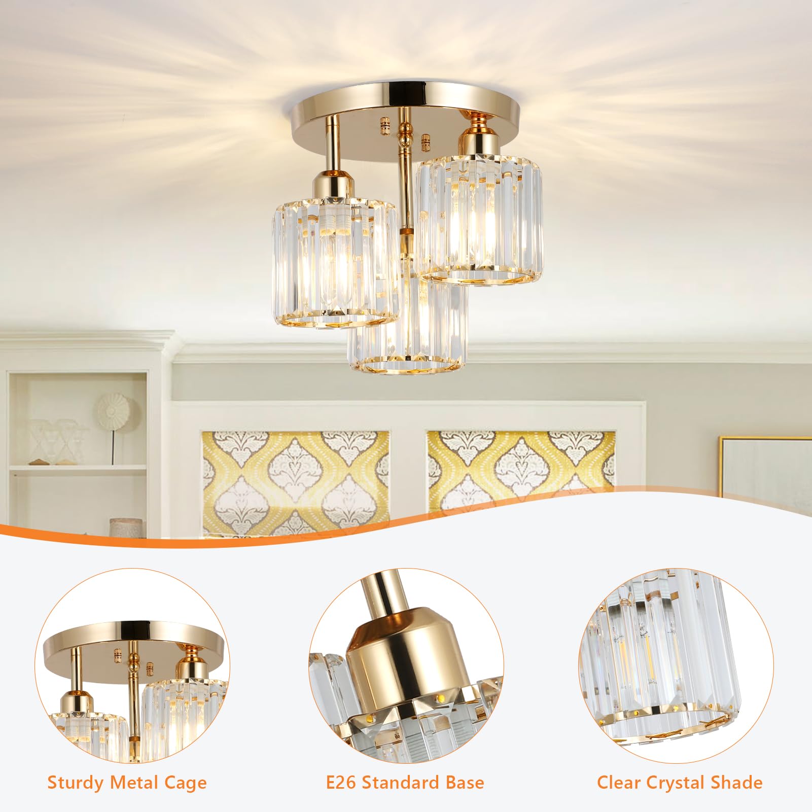 Modern Semi Flush Mount Ceiling Light,3-Light Crystal Close to Ceiling Light Fixtures,Golden Kitchen Light Fixtures with Clear Crystal Shade,Hallway Light Fixtures for Hallway Bedroom Bathroom