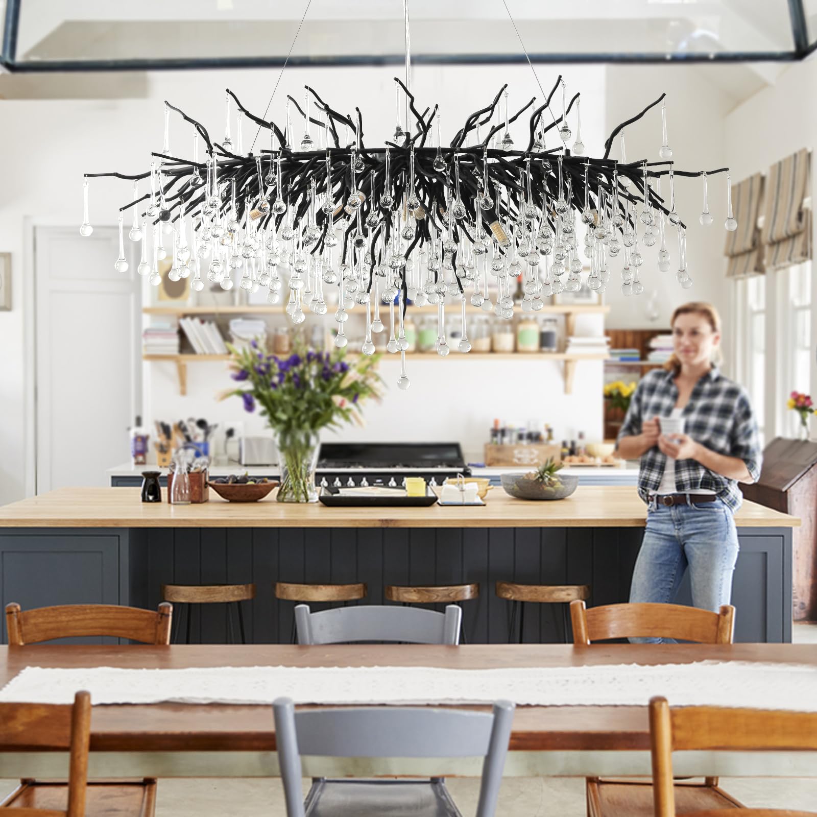 Black Crystal Chandelier, Modern Ceiling Pendant Flower Hanging Lighting Frosted Tree Branch Raindrop Chandelier Light Fixture for Dining Room, Living Room, Bedroom, Entryway (Dia 24" Round)