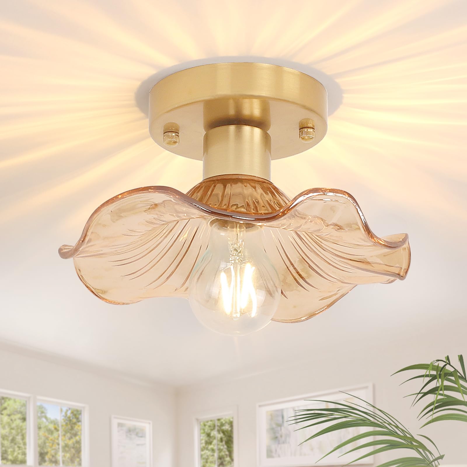 Semi Flush Mount Ceiling Light, Gold Hallway Vintage Lights Fixture Ceiling with Amber Peony Glass, Bulb Included, 4.72" Base Modern Ceiling Light Fixtures for Kitchen Bedroom