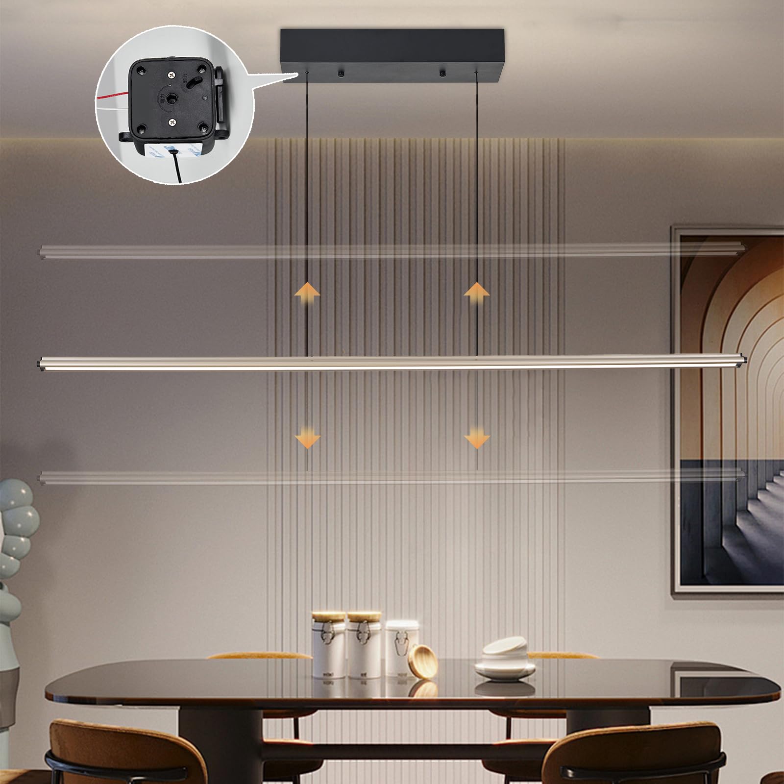 LED Kitchen Island Pendant Light, Linear Pendant, 37.9 Inch Automatic Lifting and Hovering, Modern Dimmable Restaurant Chandelier with Remote for Dining Room Kitchen Island Pool Table