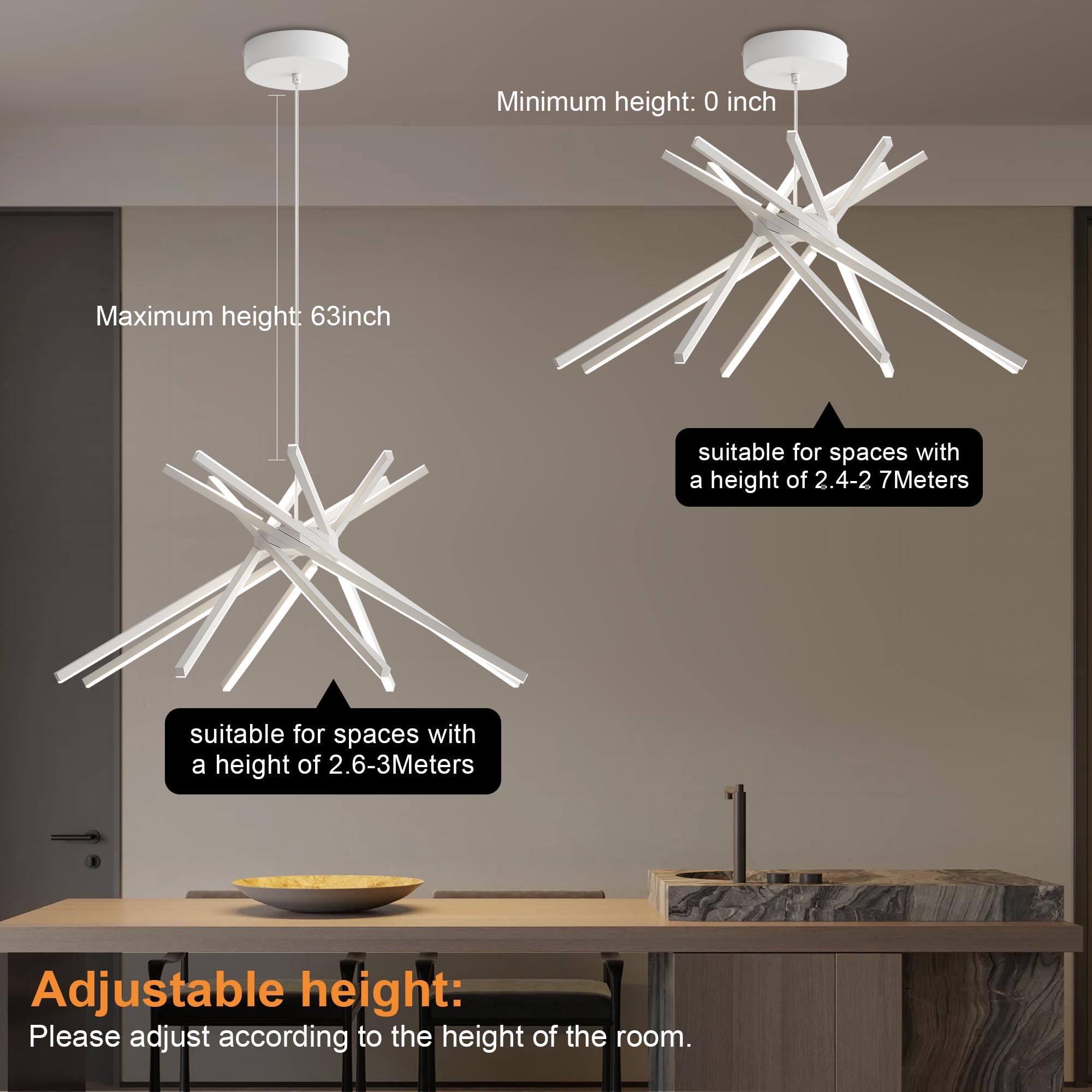 Modern Sputnik Chandeliers White Dining Room Light Fixture Farmhouse Minimalist Chandelier for Bedroom Kitchen Entryway Living Room Foyer Dimmable 8-Lights (3000K-6000K) LED