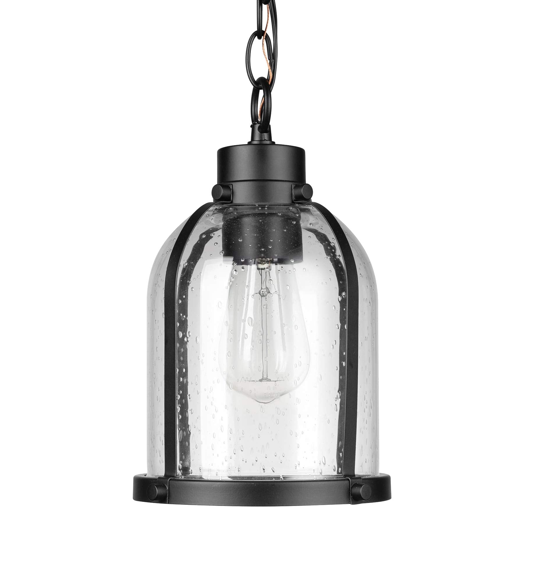 1-Light Outdoor Pendant, Matte Black, Clear Glass Shade, E26 Base Socket, Kitchen Island, Café, Ceiling Hanging Light Fixture, Modern, Vintage, Porch Light, Bulb Not Included