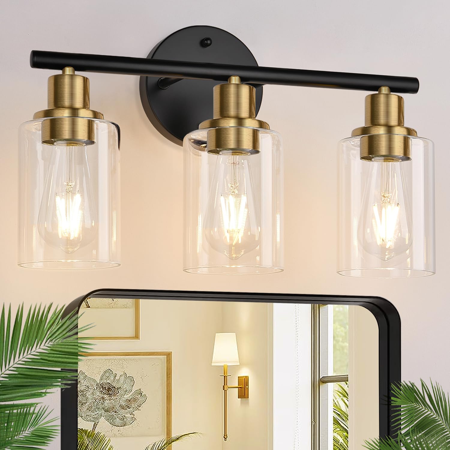 3-Light Bathroom Light Fixtures, Black Modern Vanity Lights with Clear Glass Shade, Bathroom Wall Lamp for Mirror Kitchen Living Room Hallway Cabinet Porch