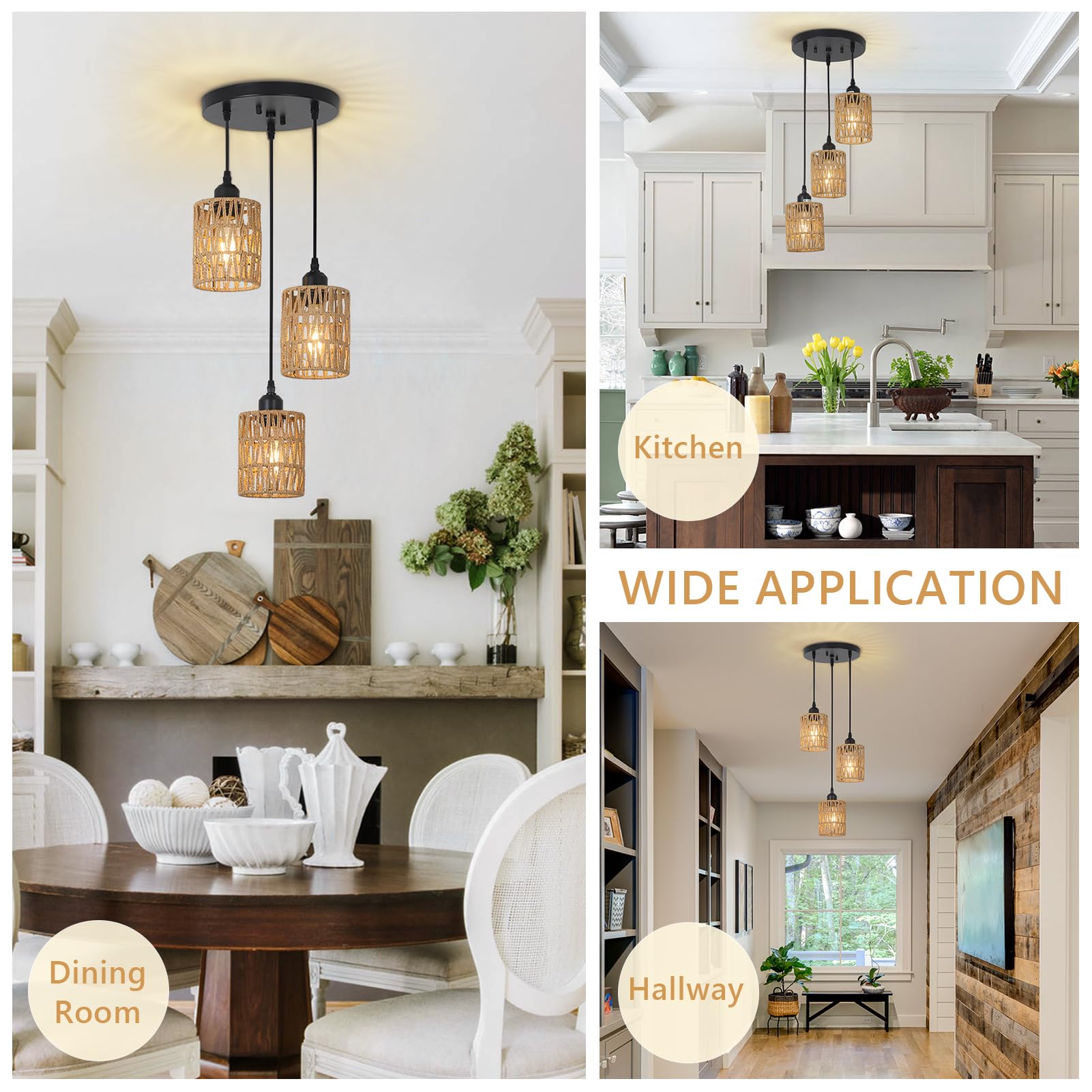 Rattan Pendant Lights, Boho Farmhouse Pendant Lighting with Hand Woven Natural Rattan Shade, Small Wicker Light Fixtures Ceiling Hanging for Dining Room Kitchen Bedroom Foyer Hallway