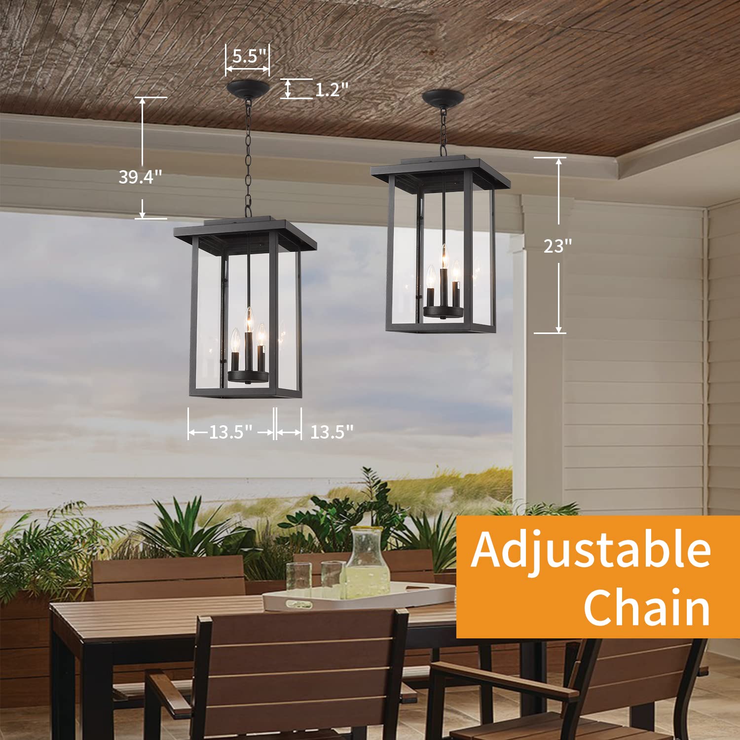 Outdoor Pendant Light Exterior Hanging Lantern, Large Outdoor Hanging Porch Light, Matte Black Finish with Clear Glass, 3 Light Outdoor Chandelier