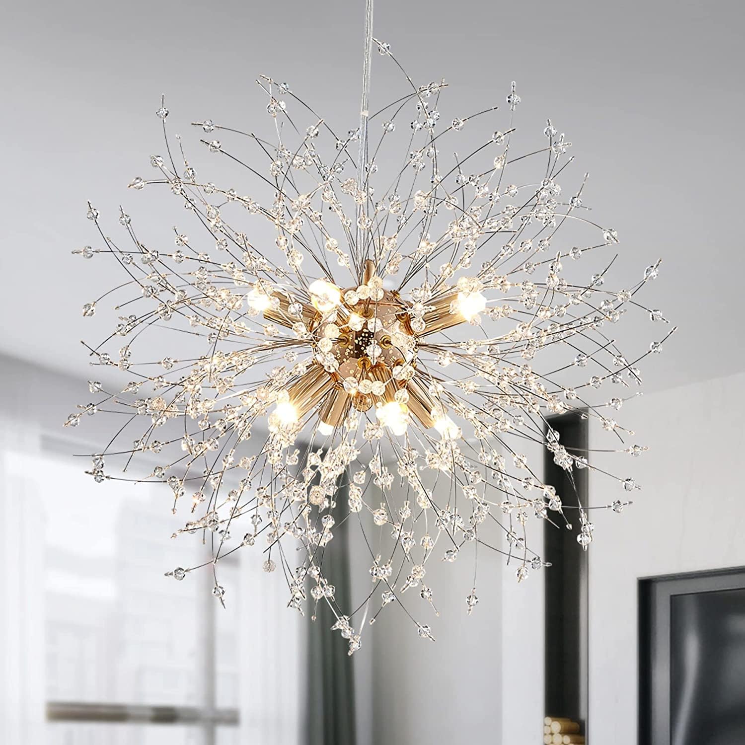 Dandelion Crystal Chandeliers, Modern Design, Firework Pendant Light Fixture for Living Space, H17'' x D17'', Adjustable Chains 59'', G9*9 Sockets, Brilliant Gold Finish Frame