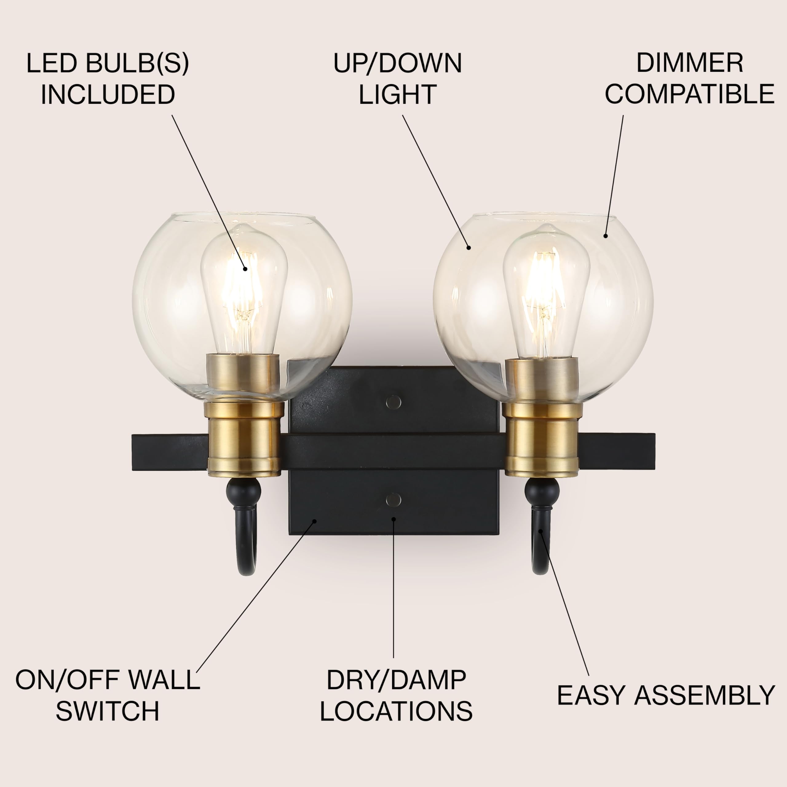 5.88" 1-Light Iron/Glass Rustic Vintage LED Vanity Light Industrial Bohemian 2700K LED 4W Bulb Entryway Lobby Kitchen Bathroom Bedroom Living Room Hallway, Black/Brass Gold