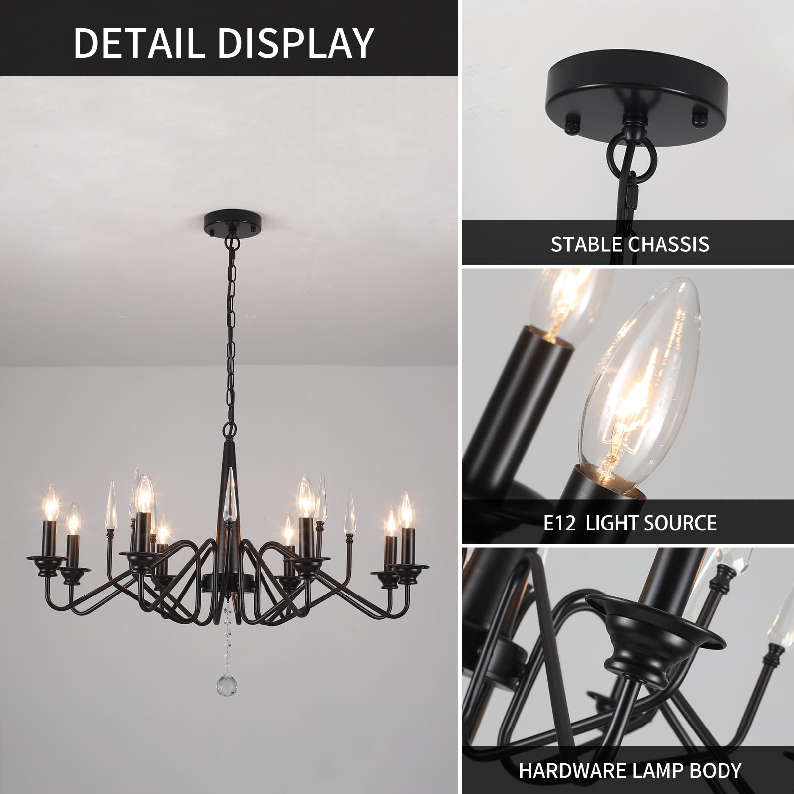 Chandeliers,8-Light Round Wagon Wheel Chandelier with Wood Beaded,Black Farmhouse Pendant Light, Adjustable Height Hanging Light for Kitchen Bedroom Dining Room