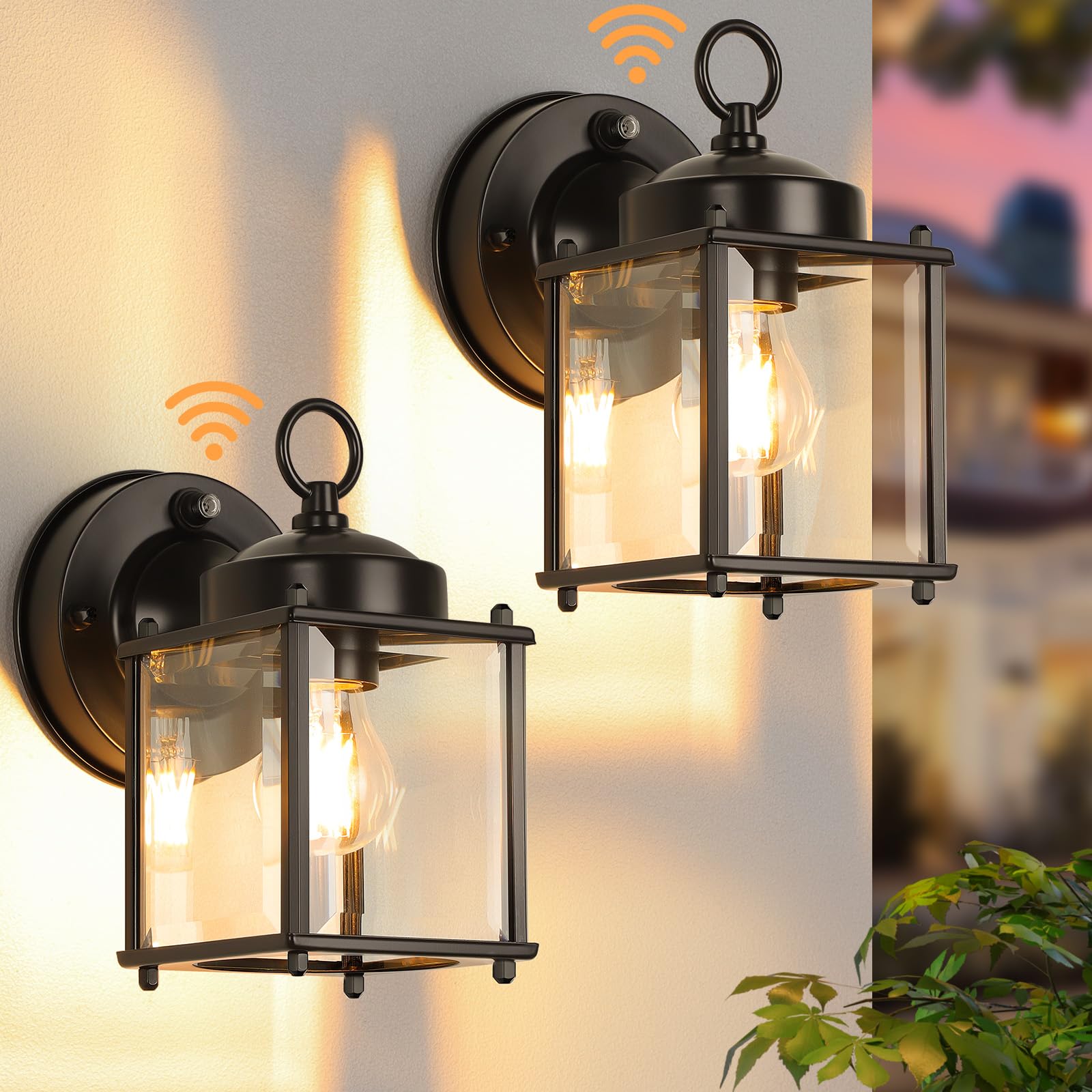 Sensor Outdoor Wall Sconce, Exterior Waterproof Wall Mount Lanterns, Black Front Porch Lights with Clear Beveled Glass, 2 Pack