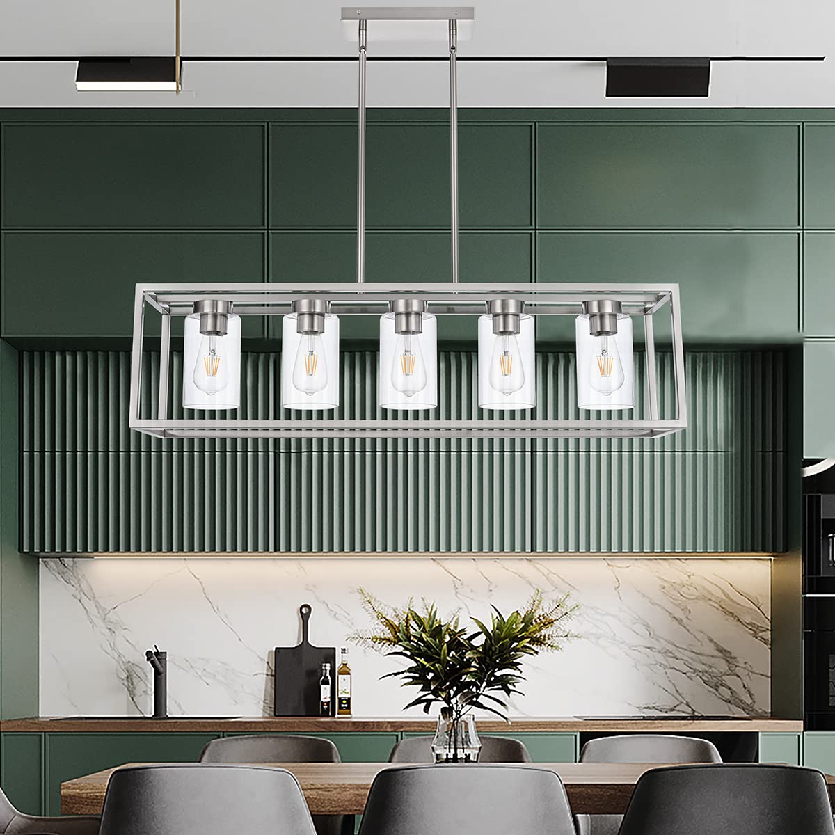 Farmhouse Chandelier for Kitchen Island, Matte Black 5-Light Dining Room Lighting Fixtures, Modern Rectangular Pendant Lighting Chandelier with Clear Glass Shade