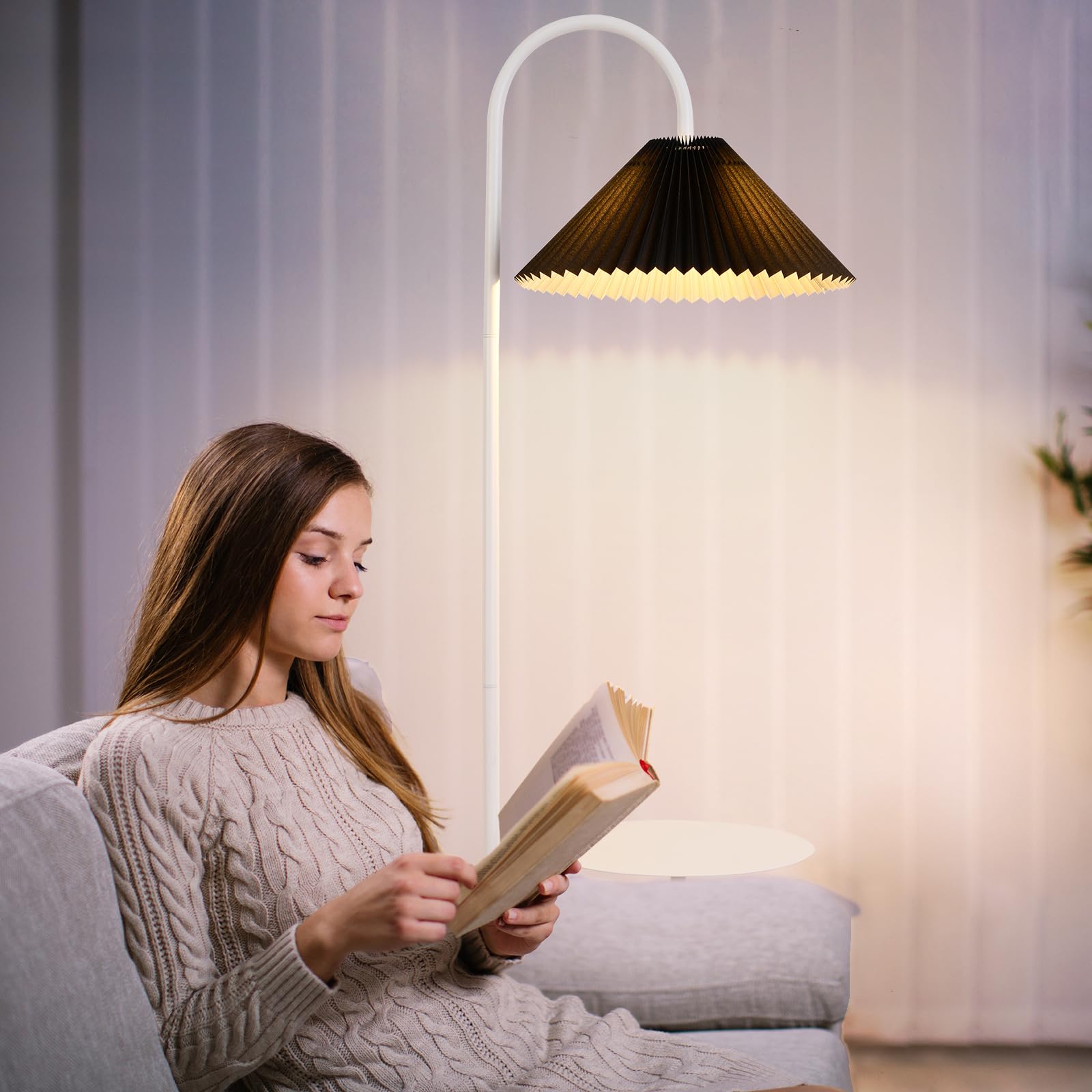 Modern Elegant with Tray Floor Lamp for Office Cafe Den Living Room Bedroom, Foot Switch and Brass/Gold Finish,Light Yellow Pleated Cloth Lampshade