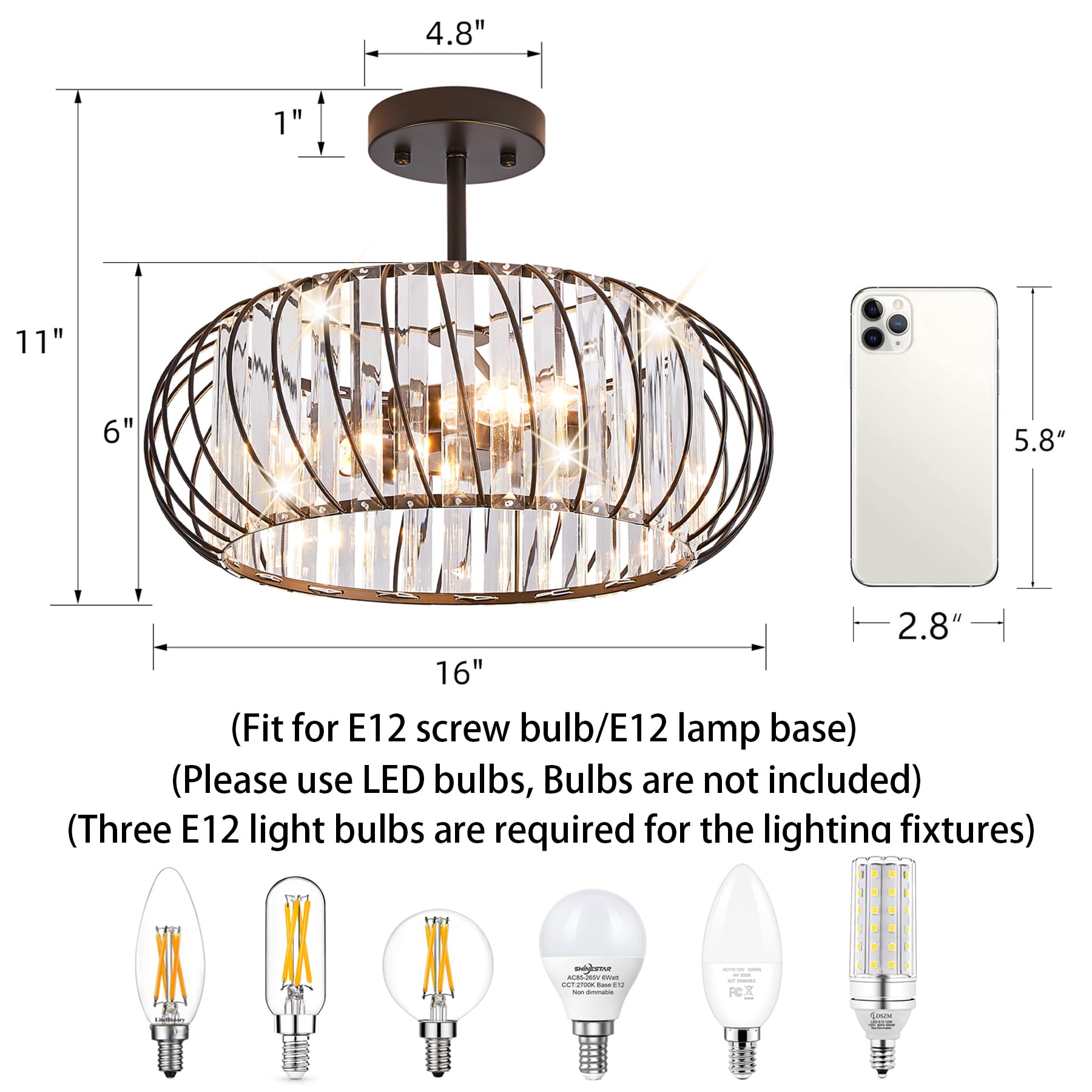 Semi Flush Mount Ceiling Light, 7.5 inch Black Metal Cage Hallway Ceiling Lamps, Farmhouse Ceiling Light Fixture, Industrial Crystal Chandelier for Corridor Bathroom Kitchen (Black 1 Pack)