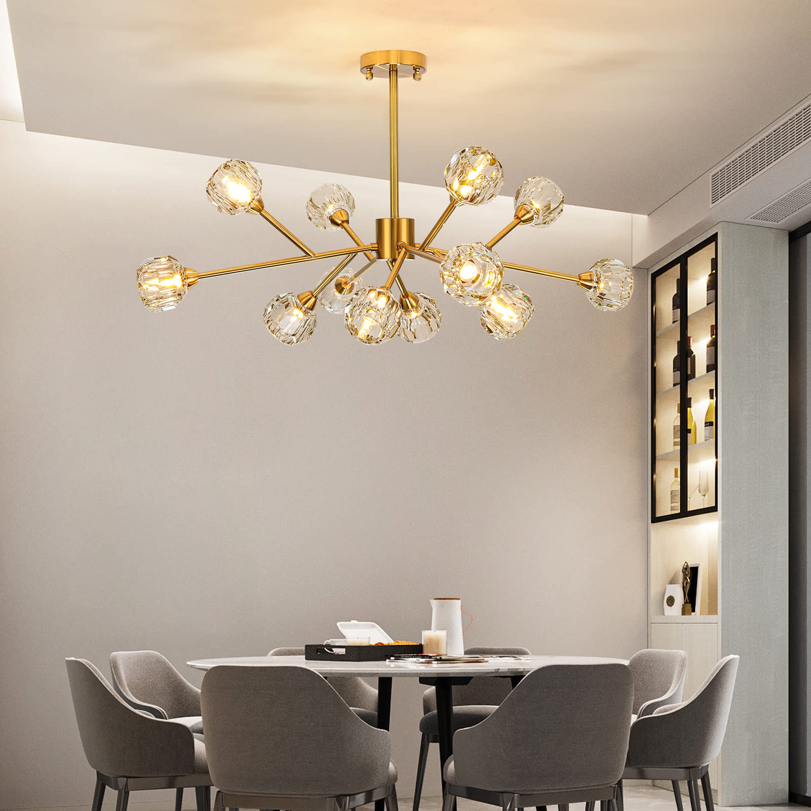 Sputnik Chandeliers for Dining Room Light Fixture, Modern Crystal Chandeliers, 9 Lights Gold Chandelier for Living Room Bedroom, Dining Room Chandelier Over Table, Kitchen Light Fixtures