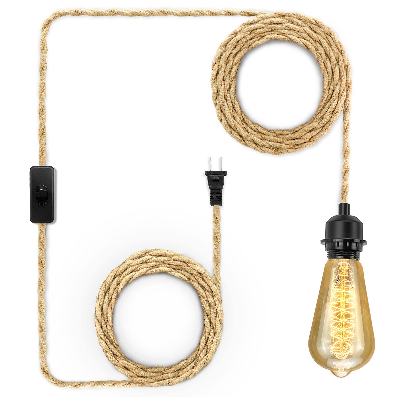 Plug in Pendant Light Cord, Farmhouse Hanging Lights with Plug in Cord, 15FT Hemp Rope Plug in Hanging Light Cord Kit with On/Off Switch, E26 E27 Light Socket Cord for Hanging Light