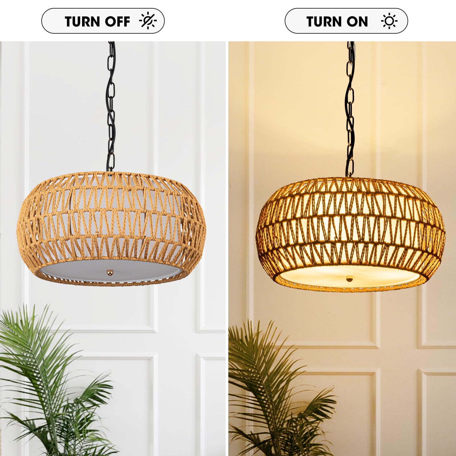 Rattan Pendant Light Fixture Basket Hanging Drum Chandelier Basket Light White Boho Ceiling Light Flush Mount Ceiling Light Woven Kitchen Chandelier for Dinning Room Hallway Bedroom Chandelier