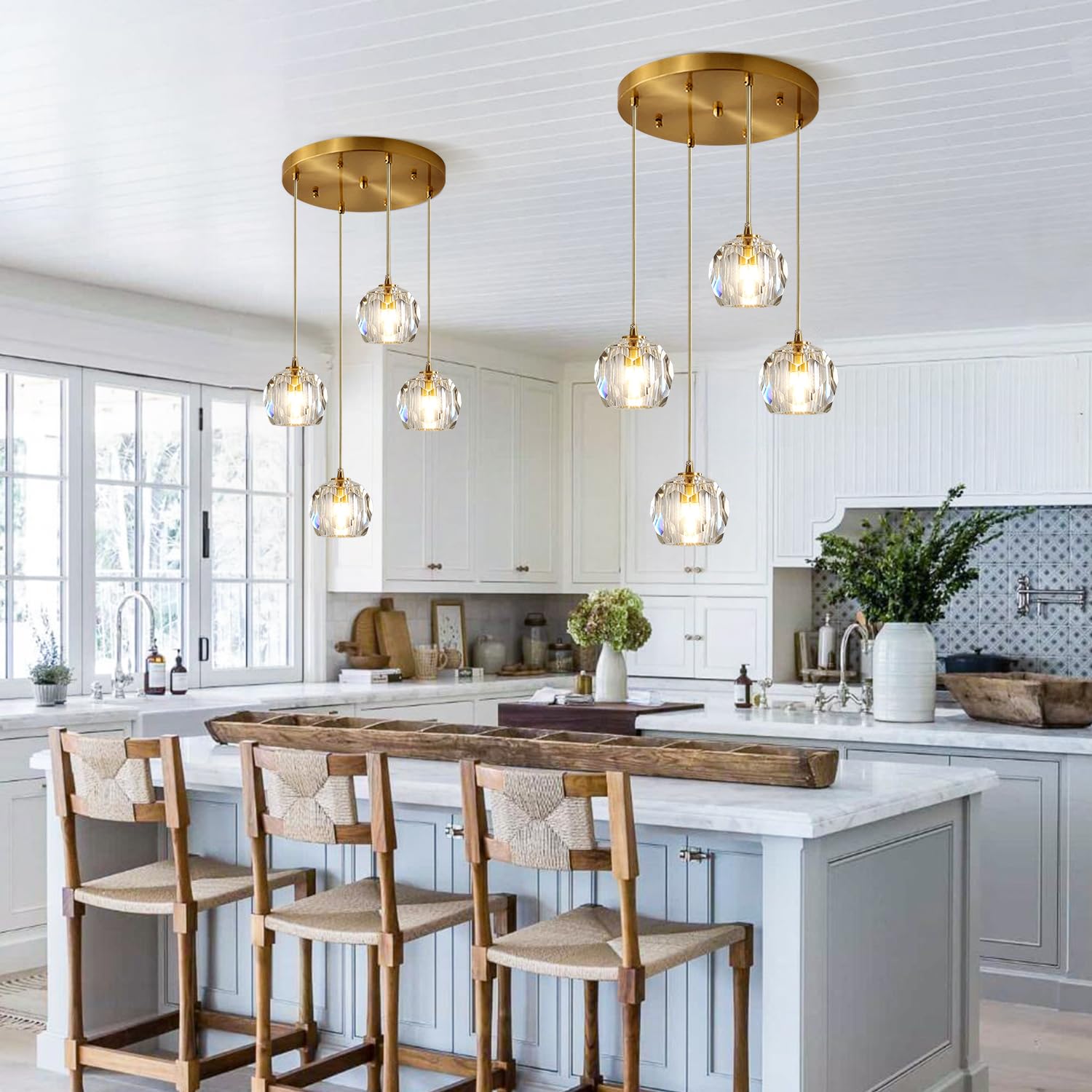 3-Light Cluster Pendant Lighting Crystal Chandelier Gold Hanging Pendant Light Fixture Mid Century Modern Multi Light Pendant Lighting for Dining Room Kitchen Island Bedroom