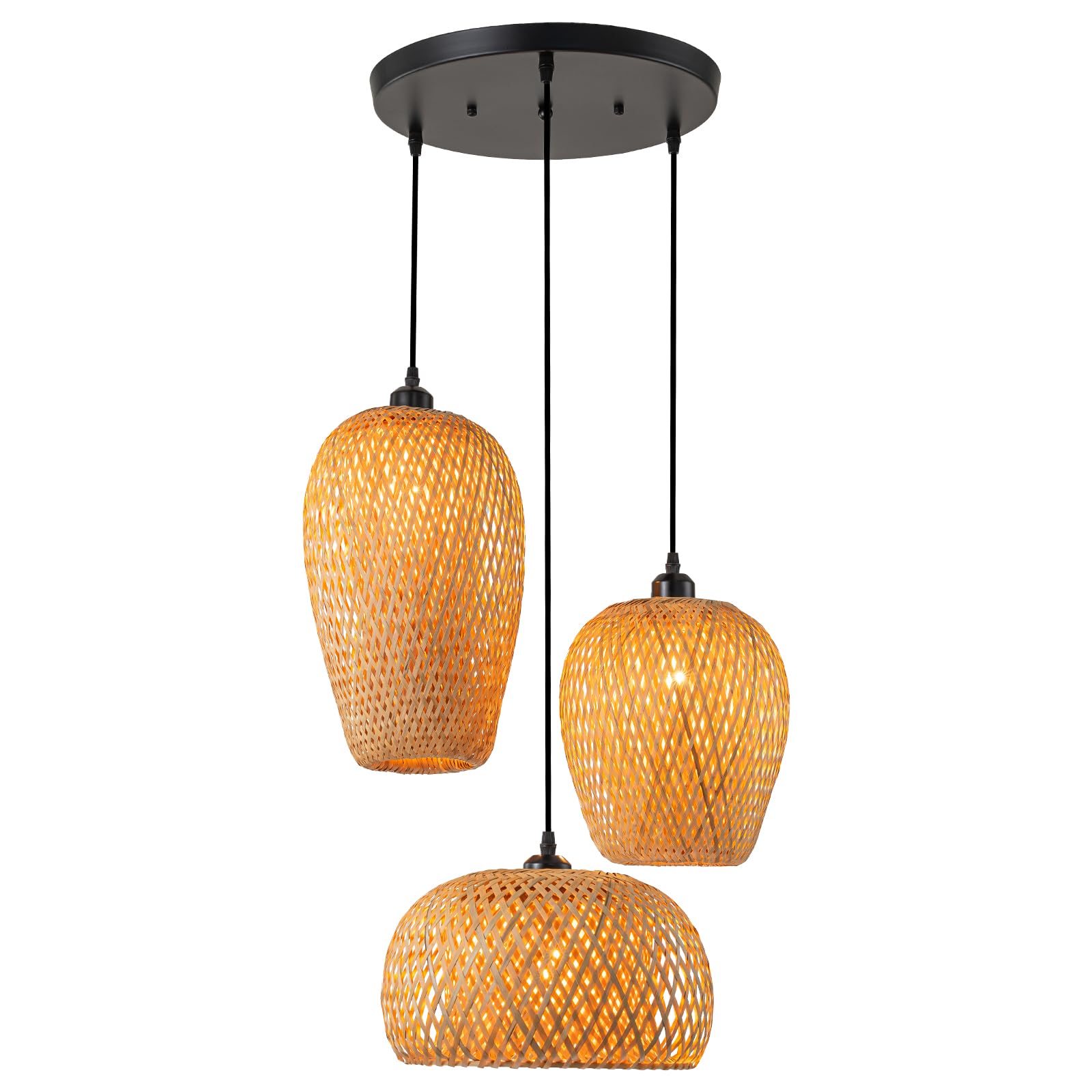 Rattan Pendant Light Bamboo Hanging Light 3-Lights Boho Pendant Light Fixture Woven Basket Wicker Shade Rattan Chandelier for Living Room Dining Room Kitchen