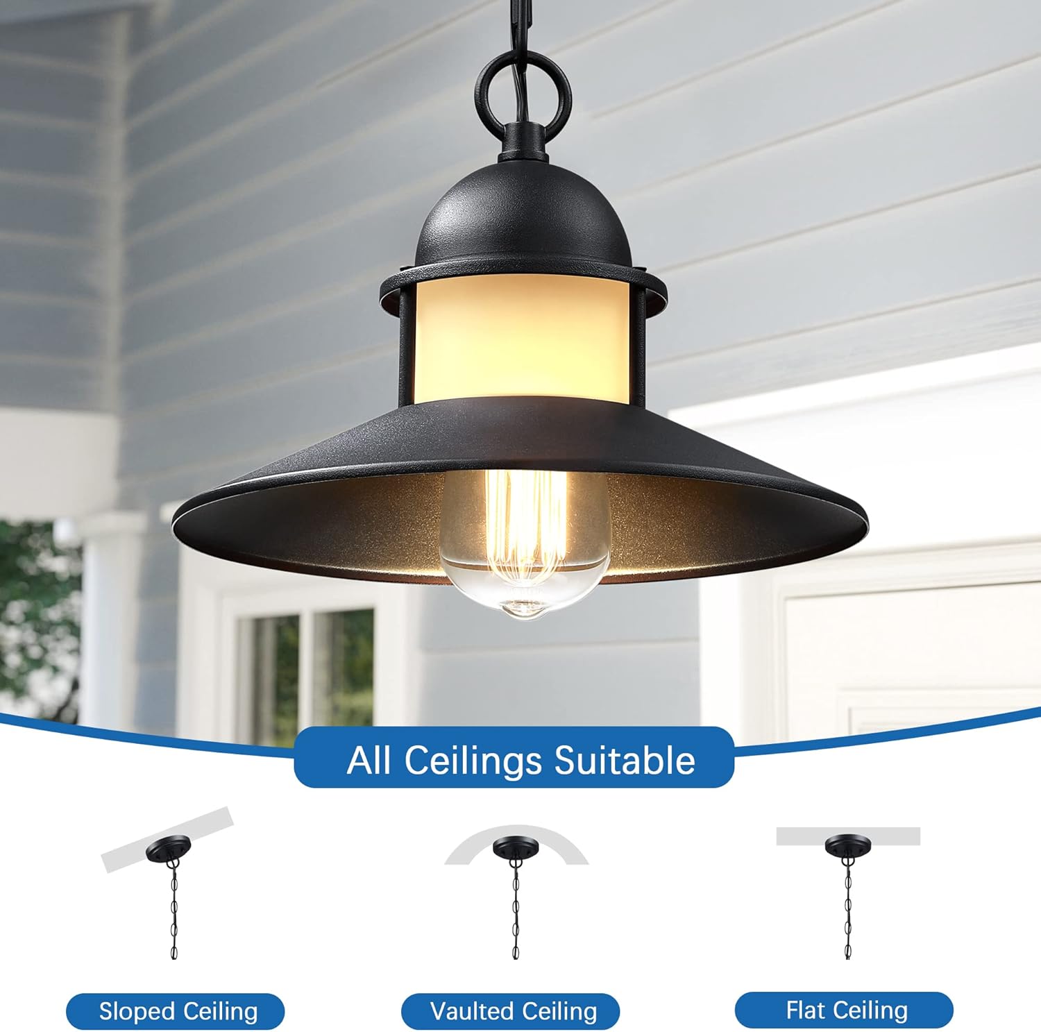 Outdoor Pendant Lights for Porch,2 Pack Farmhouse Exterior Hanging Lights Fixture with Adjustable Chain,Black Outside Lights for House Front Door Ceiling Porch Patio Entryway Foyer