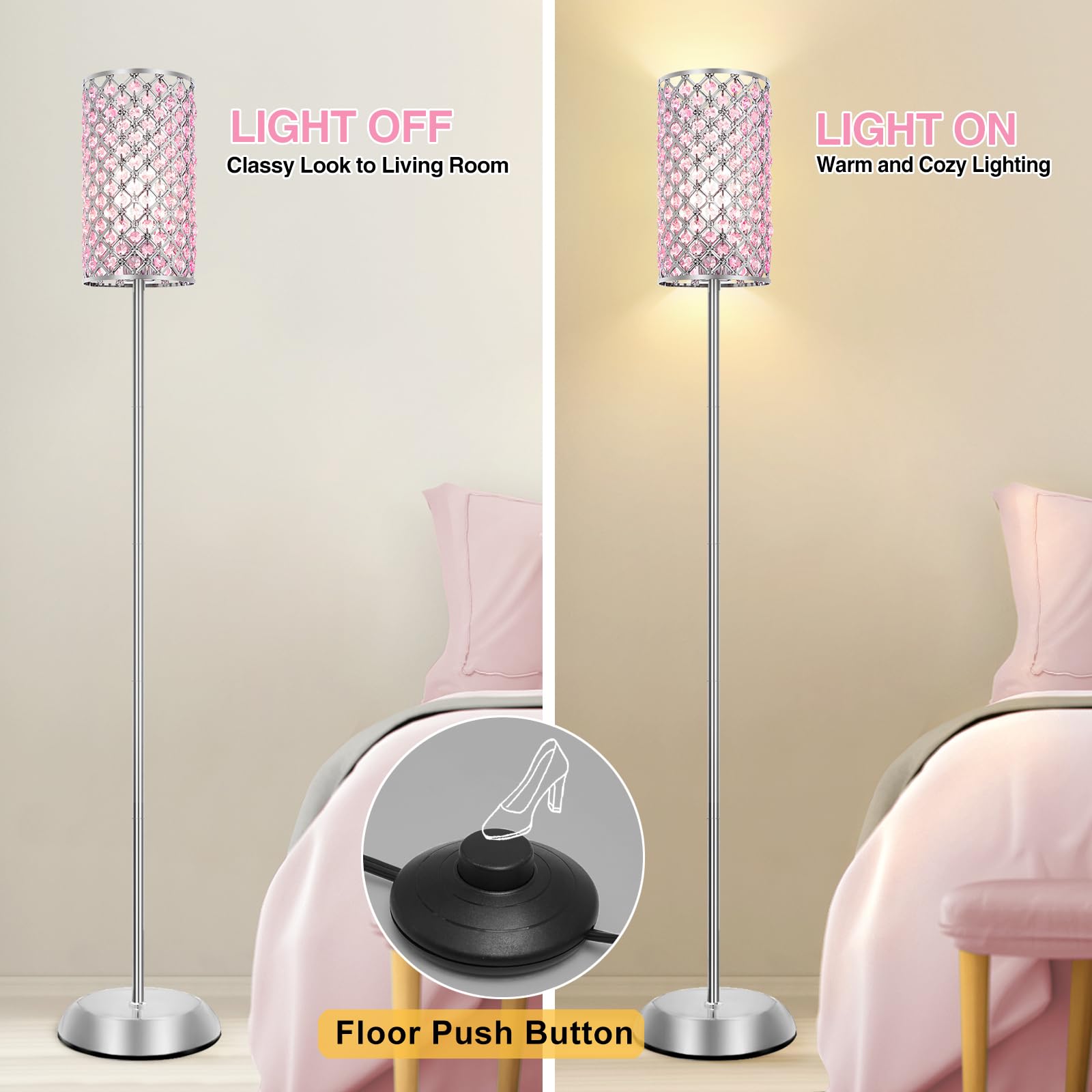 Crystal Floor Lamp, Elegant Standing Lamp Modern Floor Lamp Silver Finish Tall Pole Lamp Accent Light with On/Off Foot Switch for Living Room, Girl Bedroom, Dresser, Office