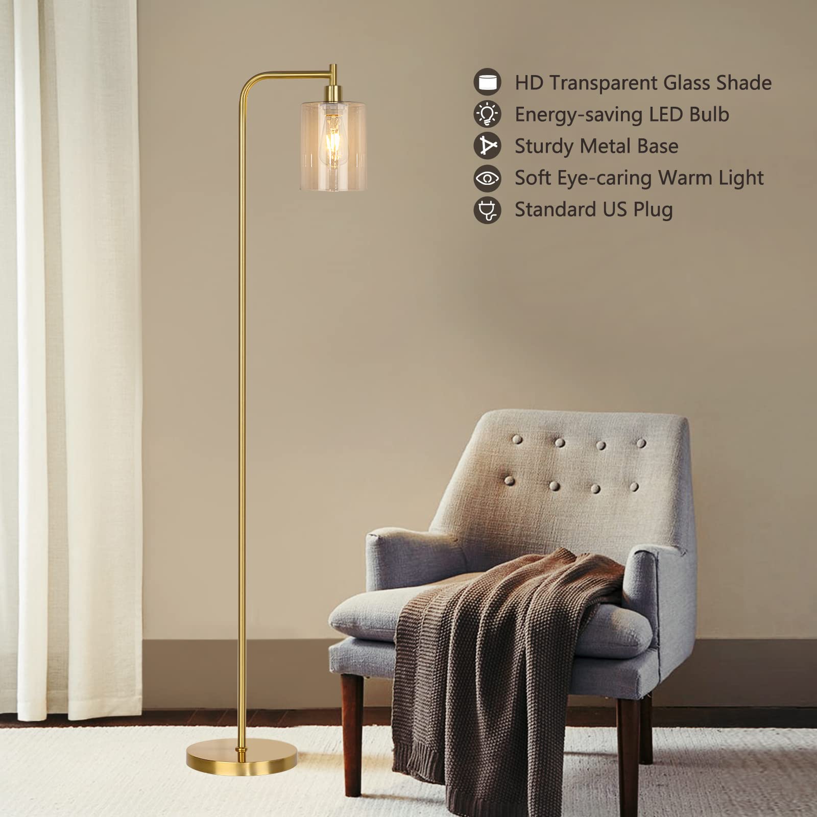 Industrial Floor Lamp for Living Room, Modern Standing Lamp with HD Glass Lampshade and Pedal Switch, 67” Tall Pole Light for Bedroom Study Room, Brushed Silver (2700K LED Bulb Included)