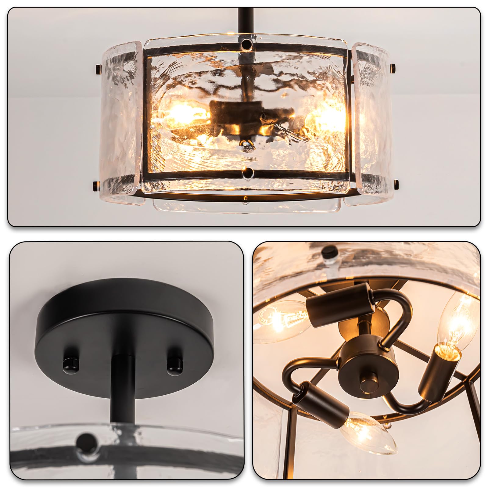 11.8" Small Black Semi Flush Mount Ceiling Light Fixture, 3 Light Drum Modern Farmhouse Glass Ceiling Light Fixtures for Foyer,Entryway,Hallway,Kithcen,Bedroom,Dining Room,Bathroom