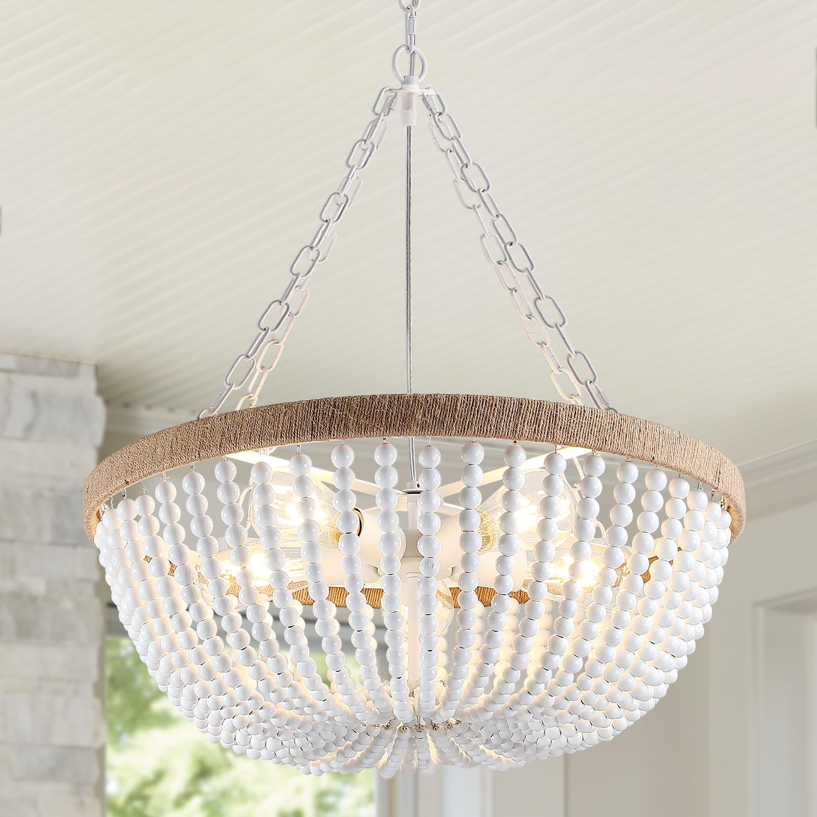 Wood Beaded Boho Chandelier Light Fixture, Semi Flush Mount Ceiling Light 3-Light Rustic Nursery Close to Ceiling Light for Bedroom Kitchen, Living Room, Oak White, E26 Base