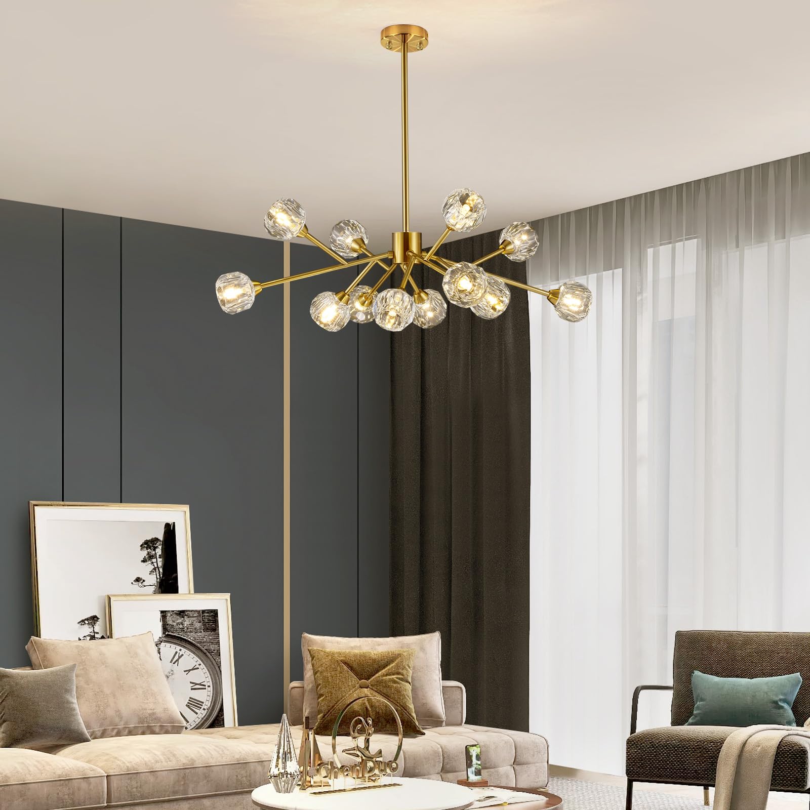 Sputnik Chandeliers for Dining Room Light Fixture, Modern Crystal Chandeliers, 9 Lights Gold Chandelier for Living Room Bedroom, Dining Room Chandelier Over Table, Kitchen Light Fixtures