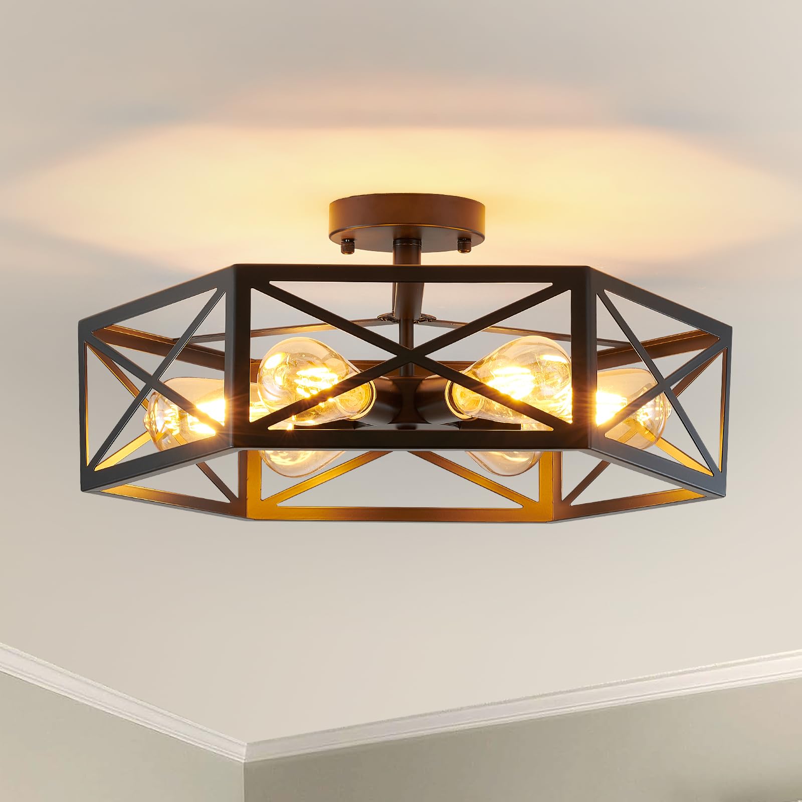 6 Light Semi Flush Mount Ceiling Light, Black Gold Ceiling Light, Industrial Hallway Light Fixtures Ceiling Mount, Modern Metal Hexagon Cage Ceiling Lamp for Kitchen, Bathroom