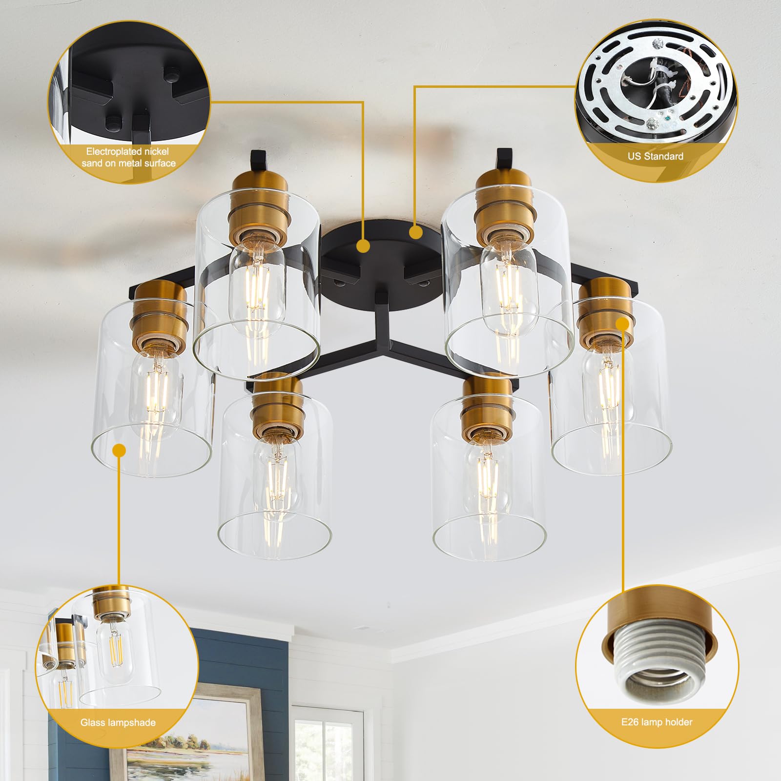 6 Light Semi Flush Mount Ceiling Light, Kitchen Lighting Fixtures Ceiling, Industrial Black Ceiling Light Fixtures with Clear Glass Shade for Hallway, Foyer, Farmhouse, Bedroom, Living Room