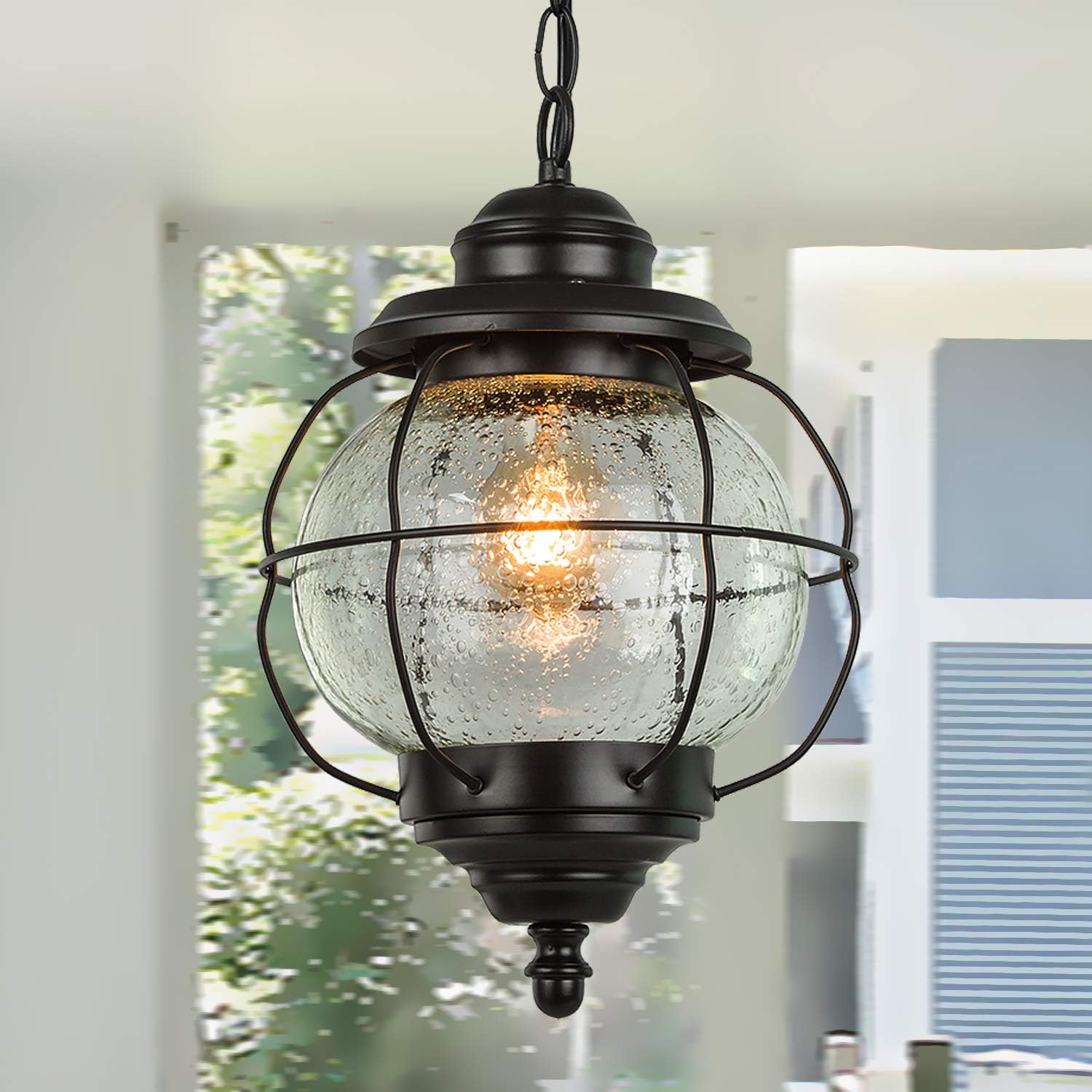 Outdoor Pendant Lights, Farmhouse Ceiling Hanging Porch Fixture in Black Metal with Clear Bubbled Glass Globe in Iron Cage Frame, Exterior Lantern for Gazebo, Entryway, Patio