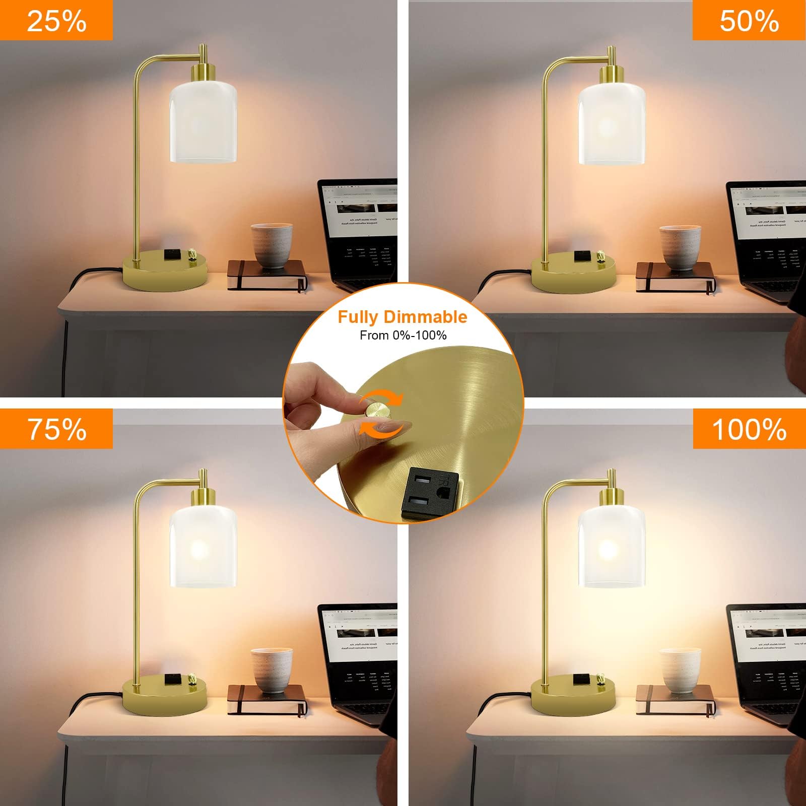 Industrial Table Lamp, Stepless Dimmable Gold Desk Lamp with 2 USB Ports and AC Power Outlet, Frosted GlassShade, Eye-Caring Bedside Nightstand Lamps(Some of The knobs are defective)