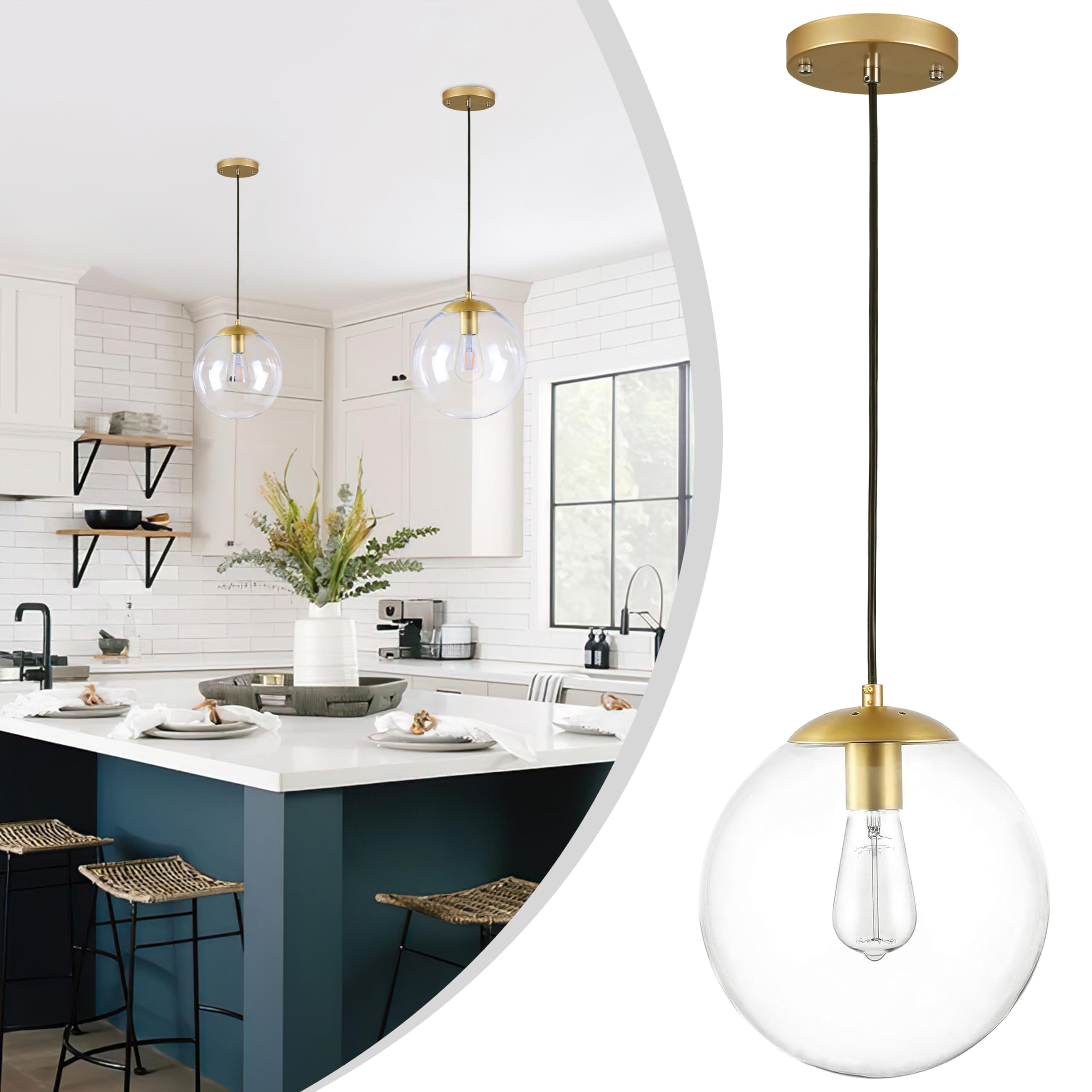 6-inch Mini Modern Globe Pendant Light Clear Glass with Brass Finish Contemporary Mid Century Adjustable Hanging Light Fixture for Living Room Bedroom Kitchen