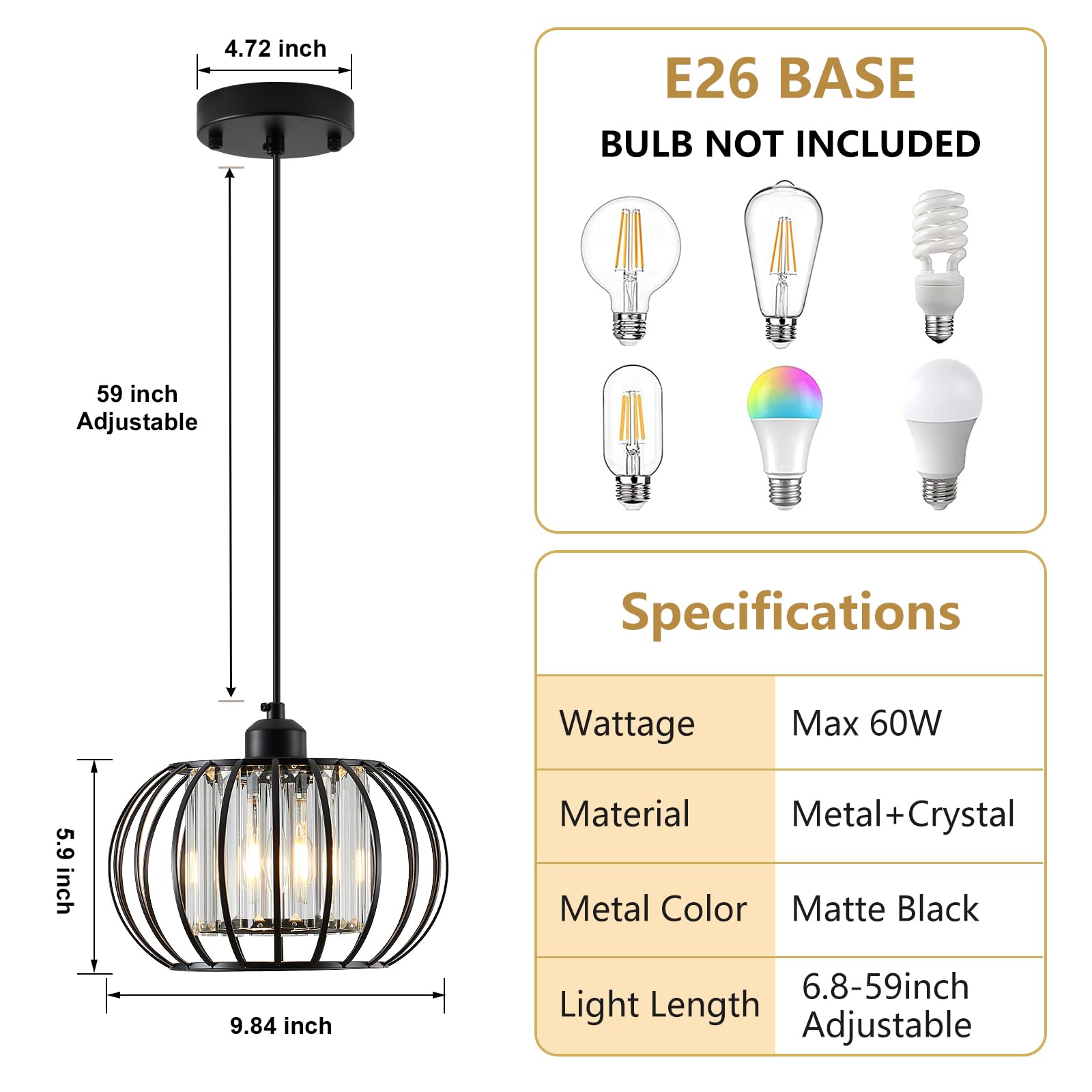 Gold Pendant Light Fixture, Modern Crystal Pendant Lights Kitchen Island, 1-Light Farmhouse Mini Chandelier, Adjustable Brass Hanging Light Fixture for Hallway, Bedroom, Dining Room