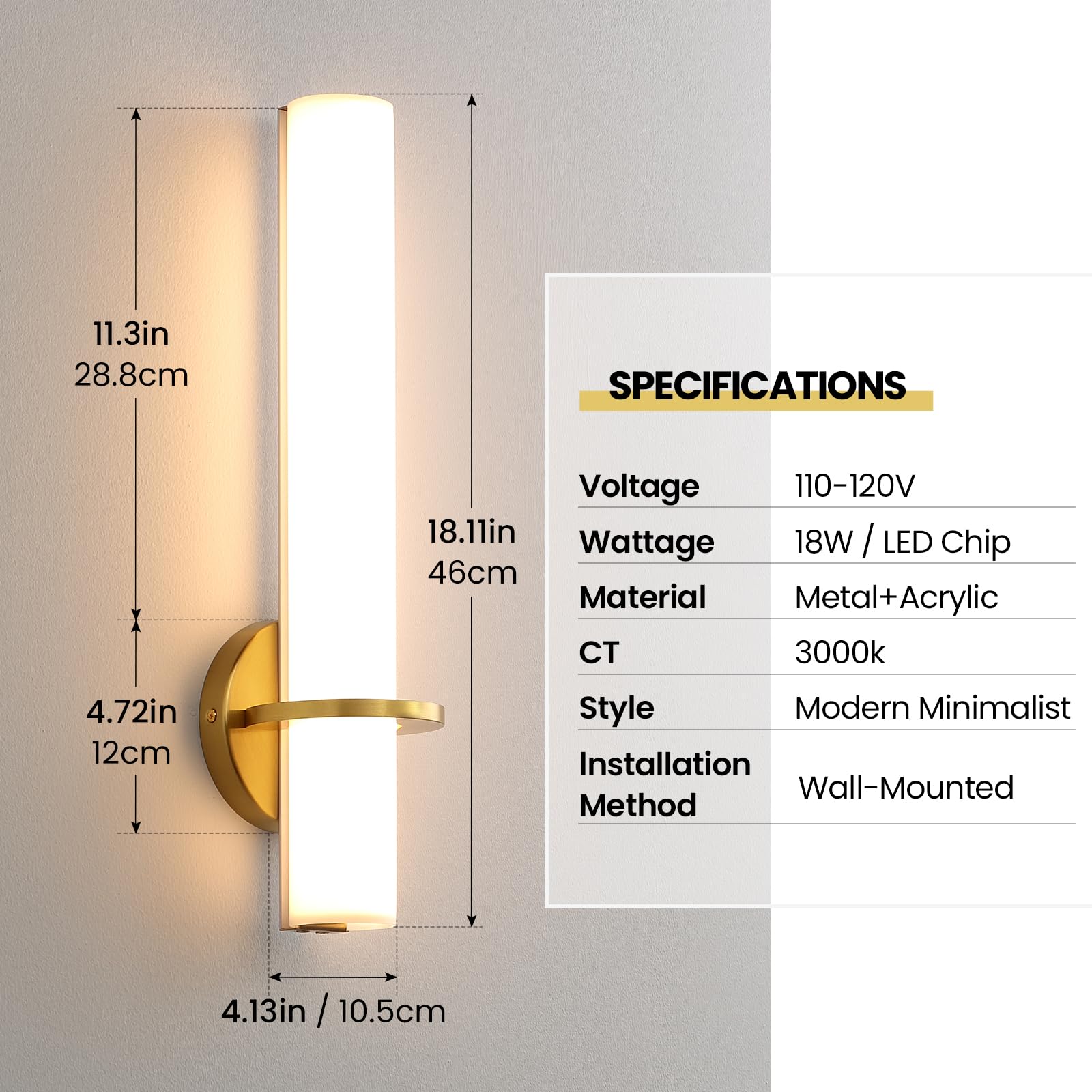 Gold Wall Sconces Set of Two - Dimmable Modern Sconces Wall Lighting 18W 3000K Led Wall Lights Acrylic Lampshade Hardwired Wall Light Fixtures for Living Room Bedroom Bathroom Hallway